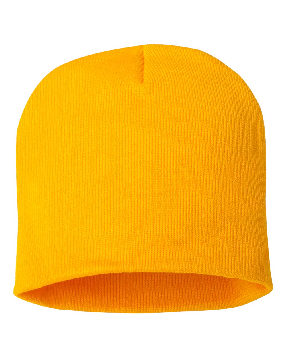 Golden Yellow rib-knit beanie on a white background.
