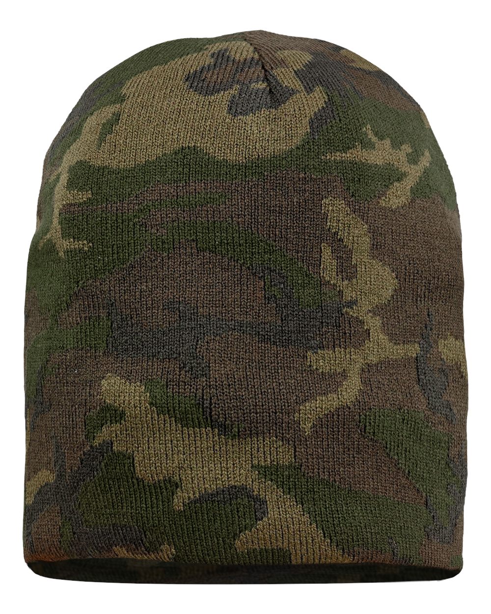 Green and brown camouflage rib-knit beanie on a white background.
