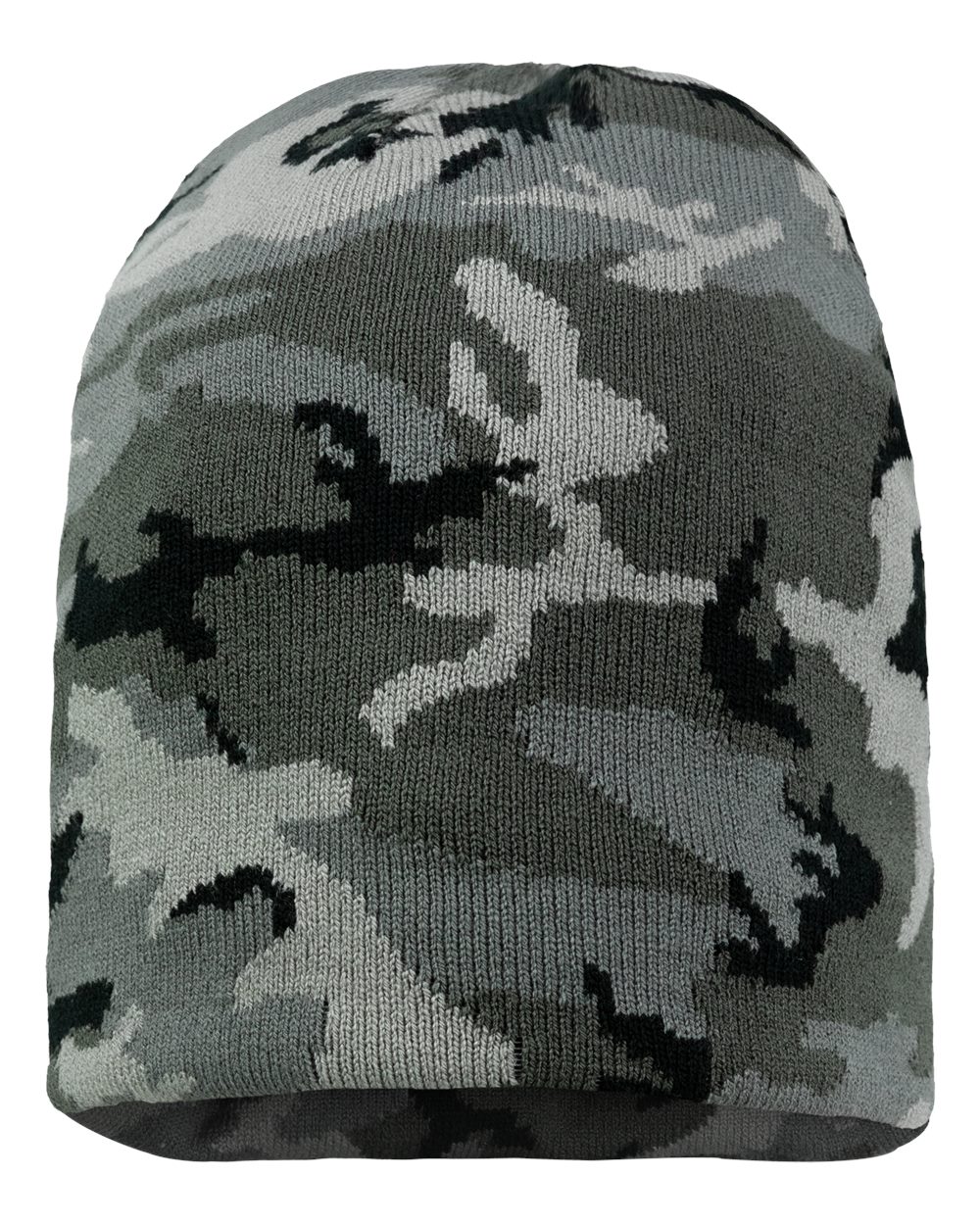 Gray and green camouflage rib-knit beanie on a white background.