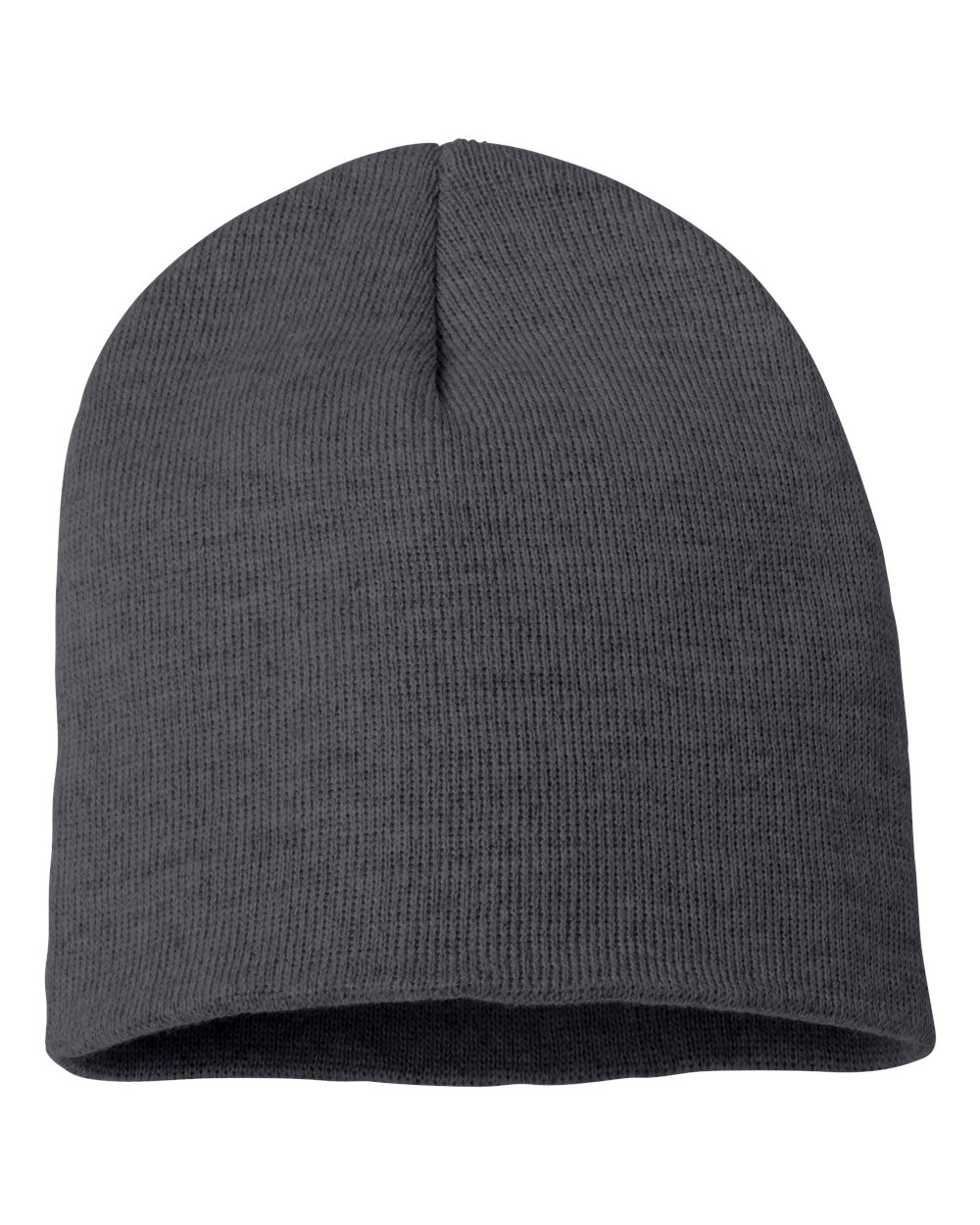 Heather charcoal rib-knit beanie on a white background.