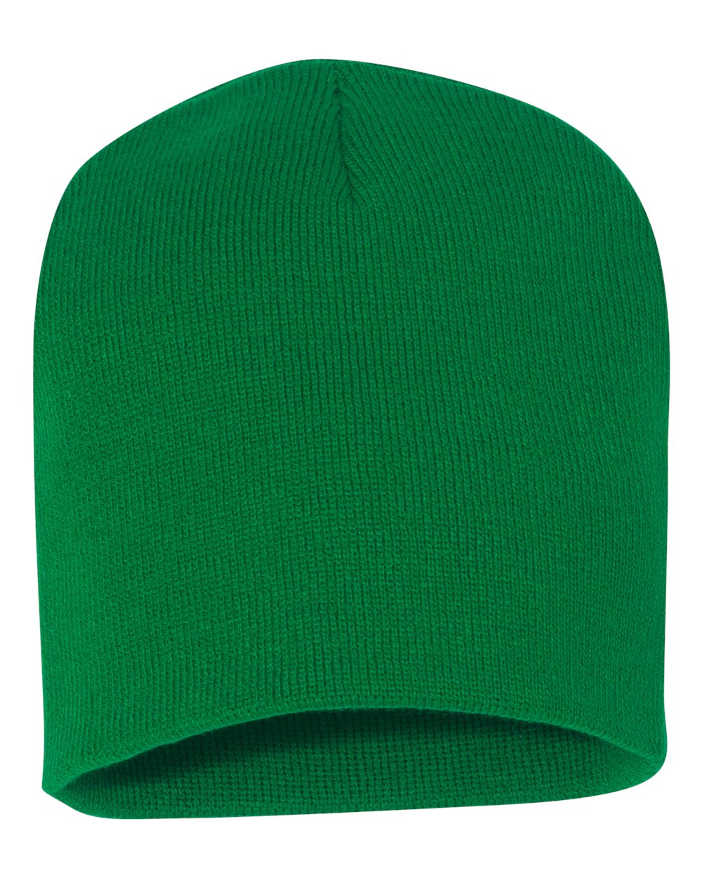 Kelly green rib-knit beanie on a white background.