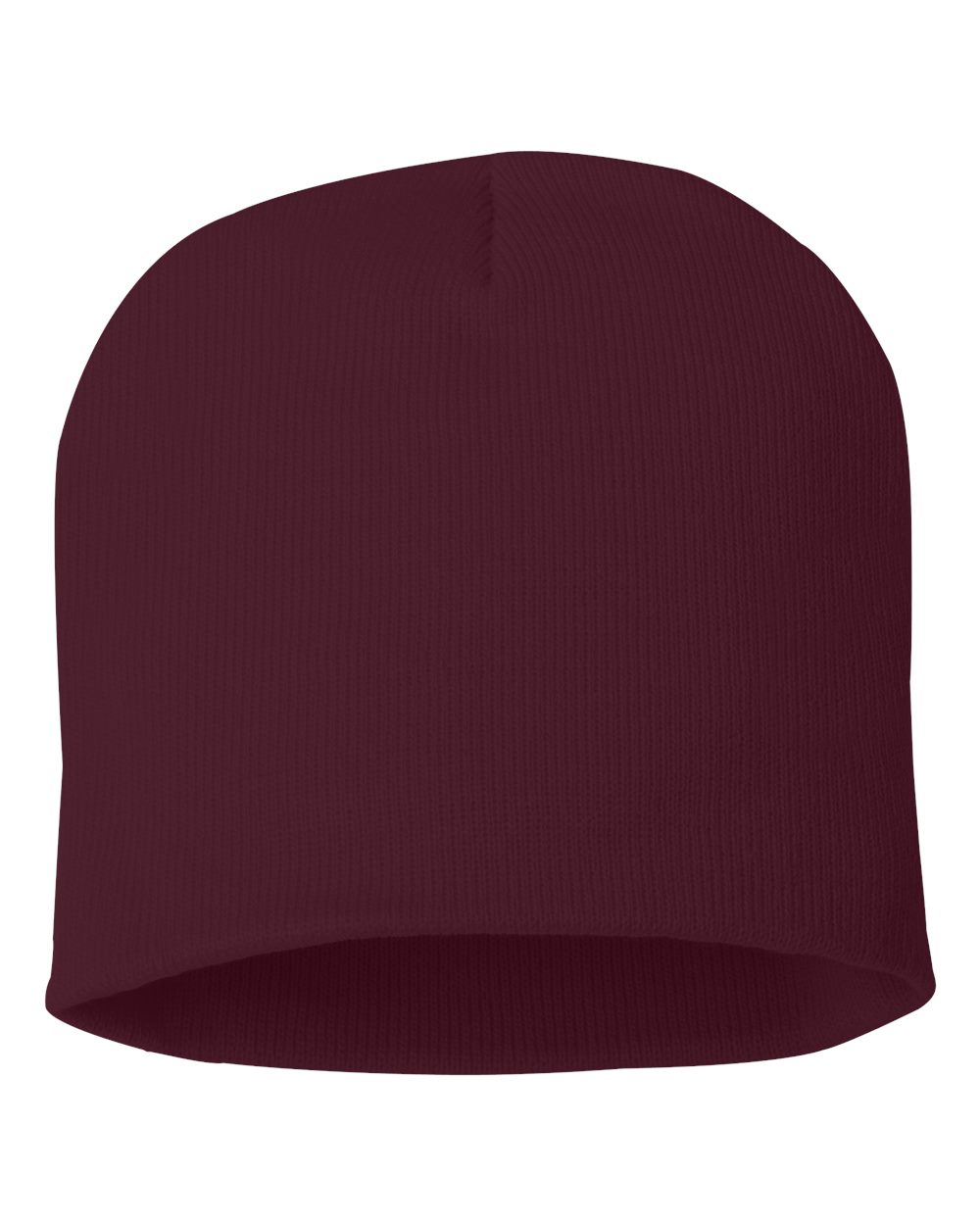Red Maroon rib-knit beanie on a white background.