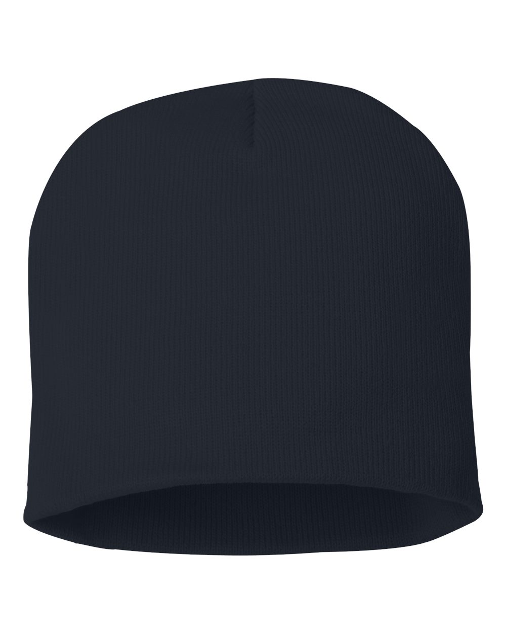 Navy rib-knit beanie on a white background.