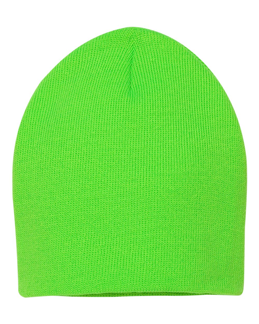 Neon Green rib-knit beanie on a white background.
