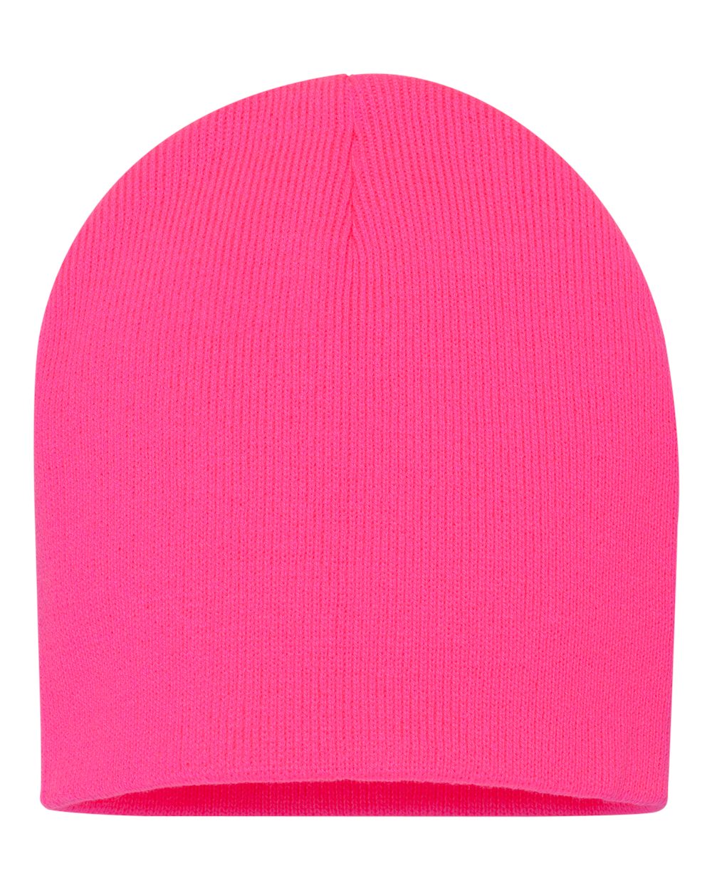 Neon Pink rib-knit beanie on a white background.