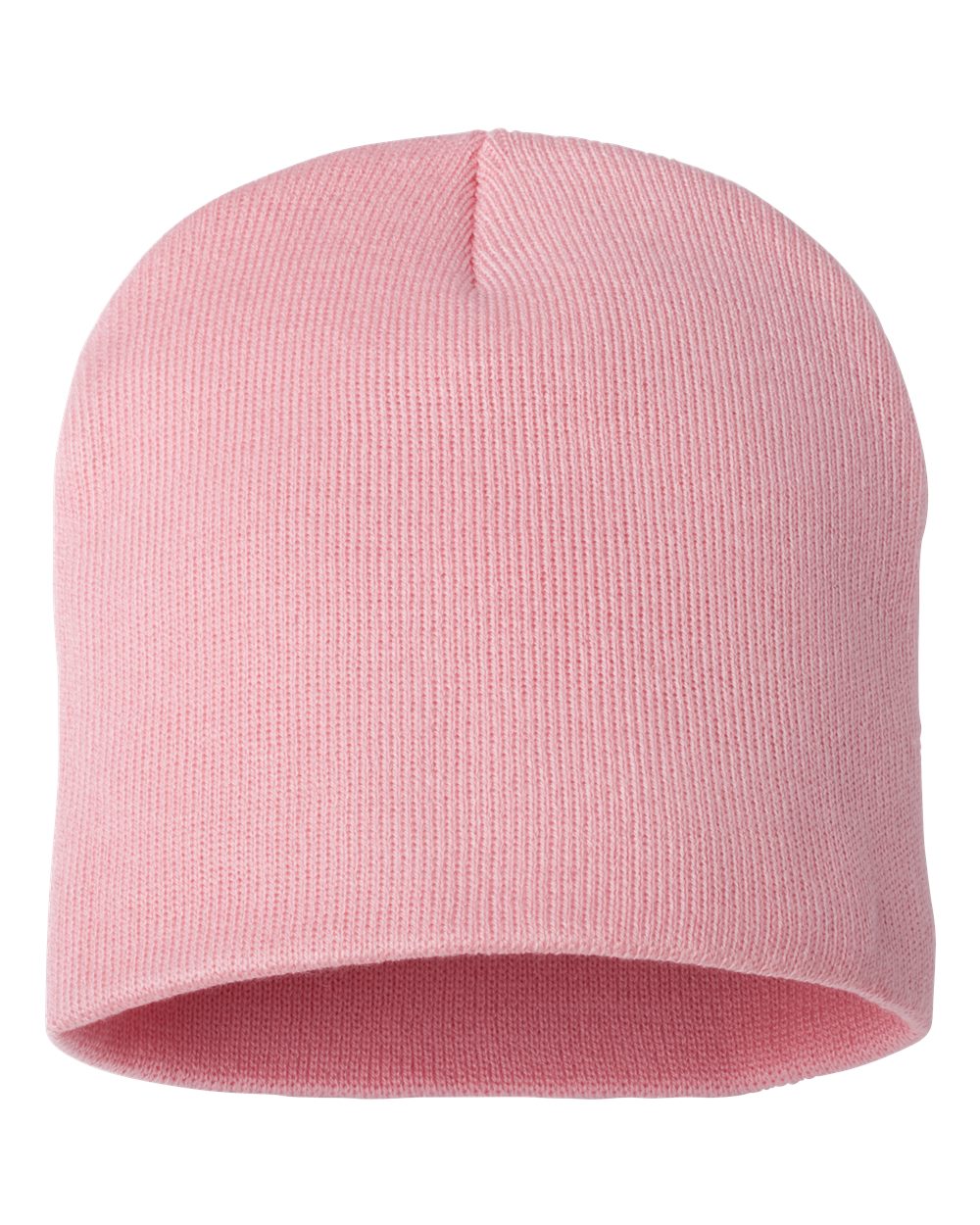 Pink rib-knit beanie on a white background.