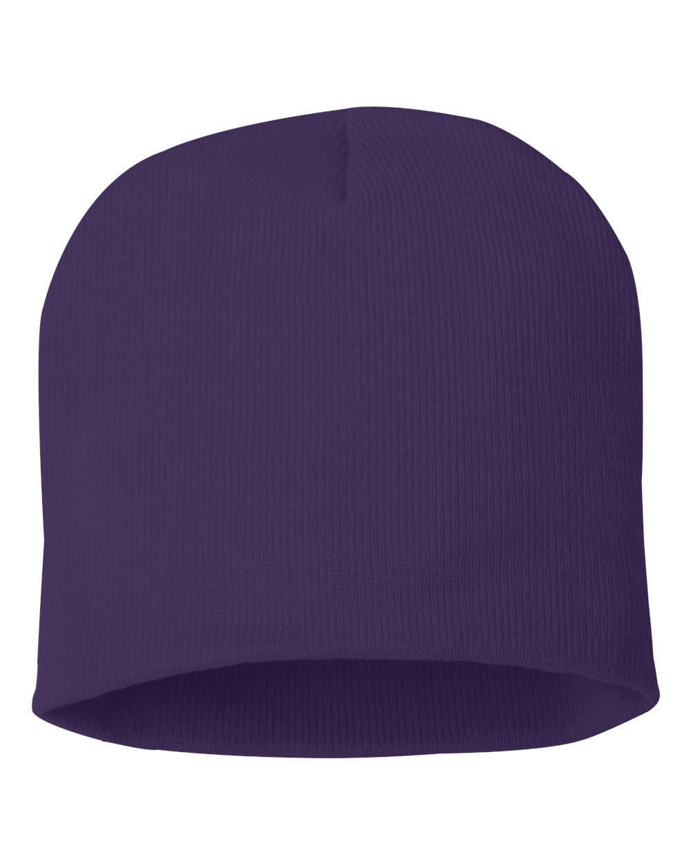 Purple rib-knit beanie on a white background.