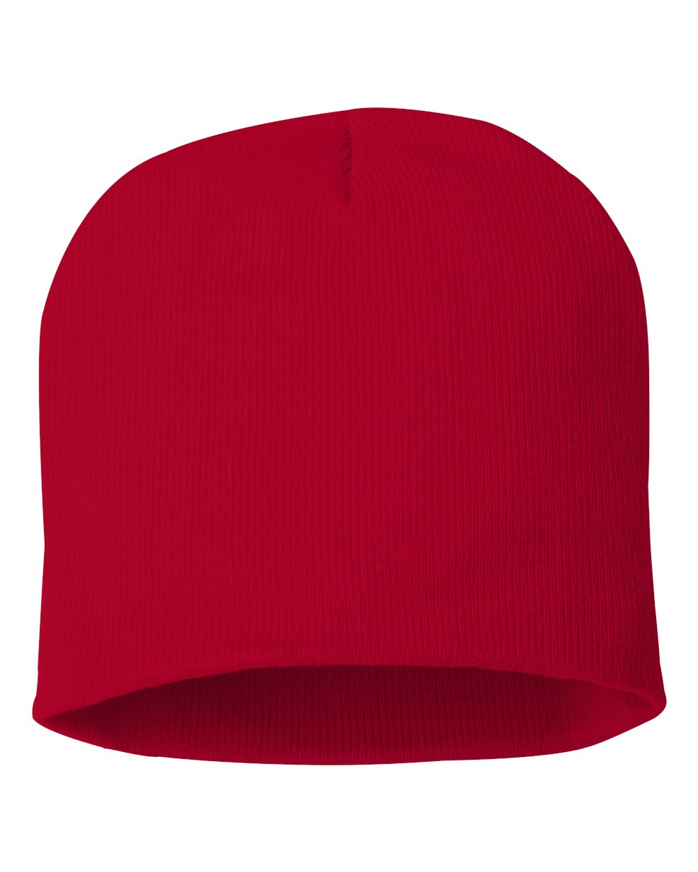 Red rib-knit beanie on a white background.