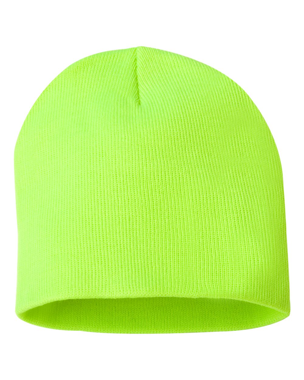 Safety Yellow rib-knit beanie on a white background.