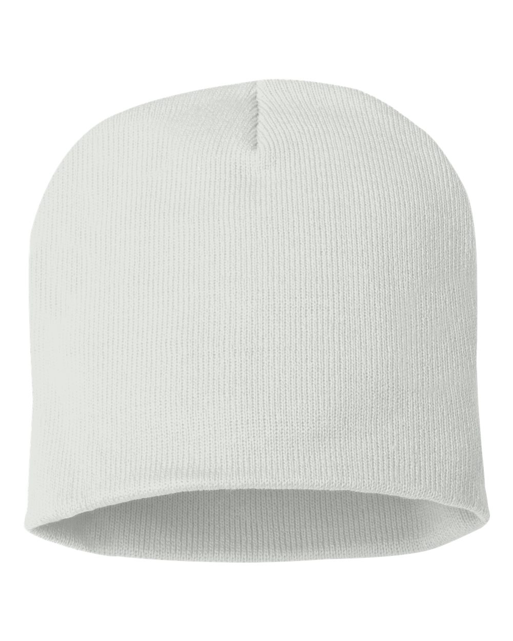 White rib-knit beanie on a white background.