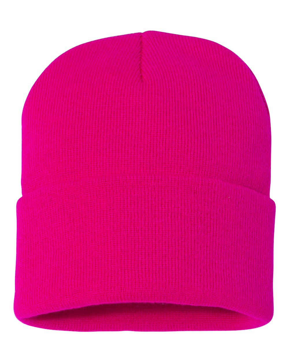Bright neon pink beanie on a white background