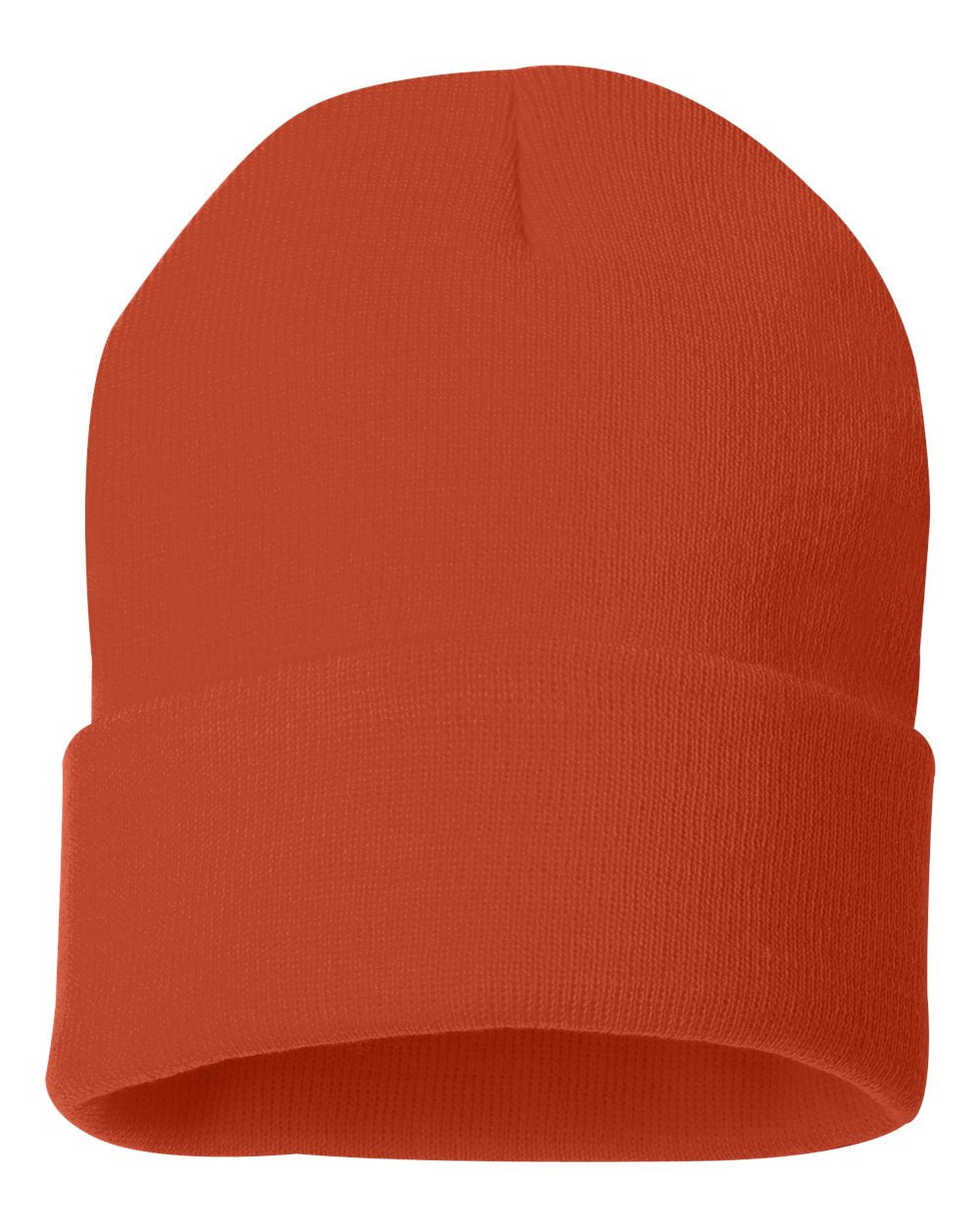 Orange knit beanie on a white background