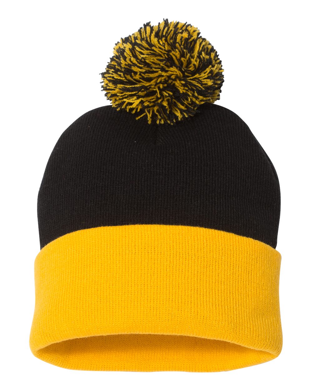 Black and gold knit pom-pom beanie