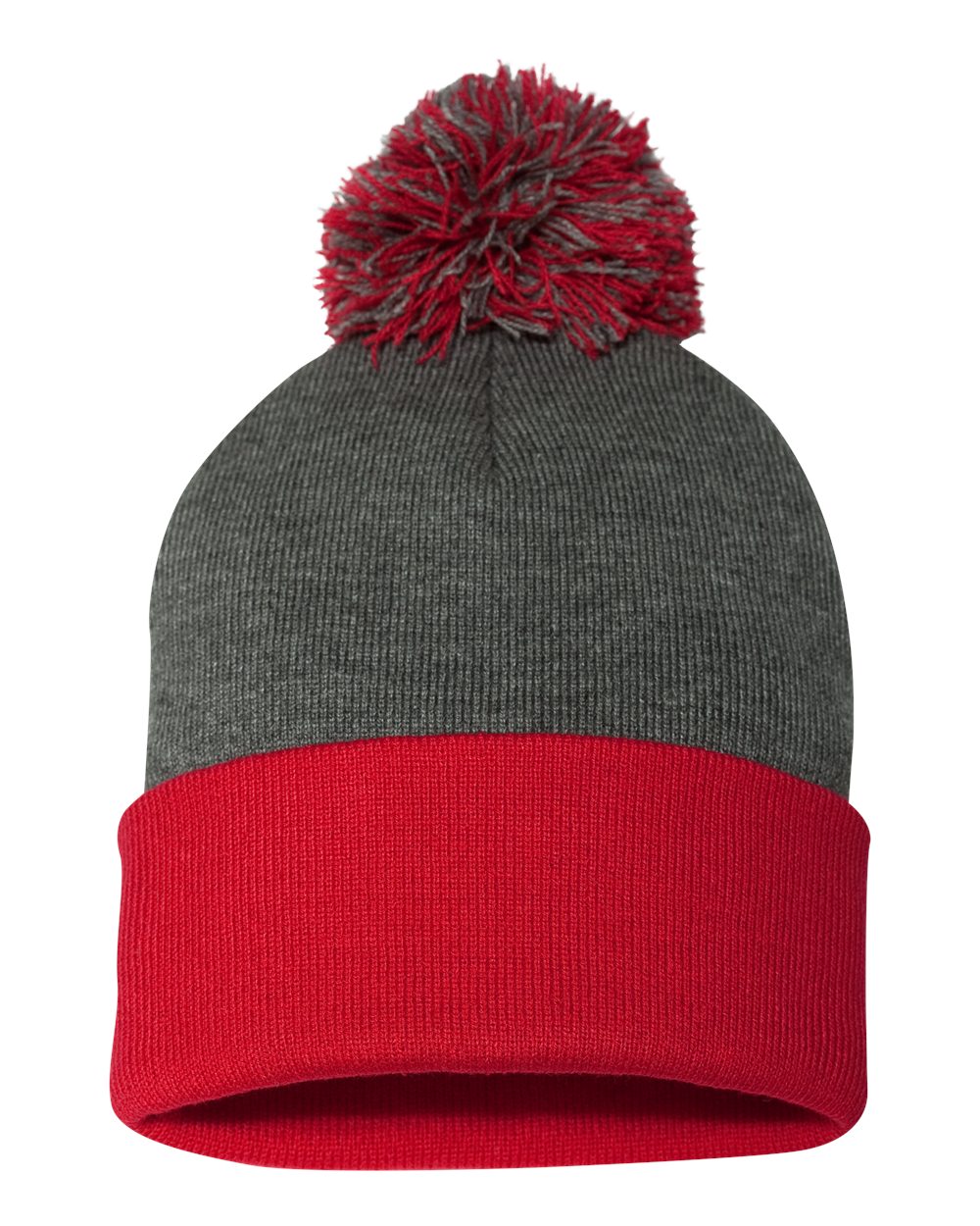 Dark heathẻ gray and red knit pom-pom beanie