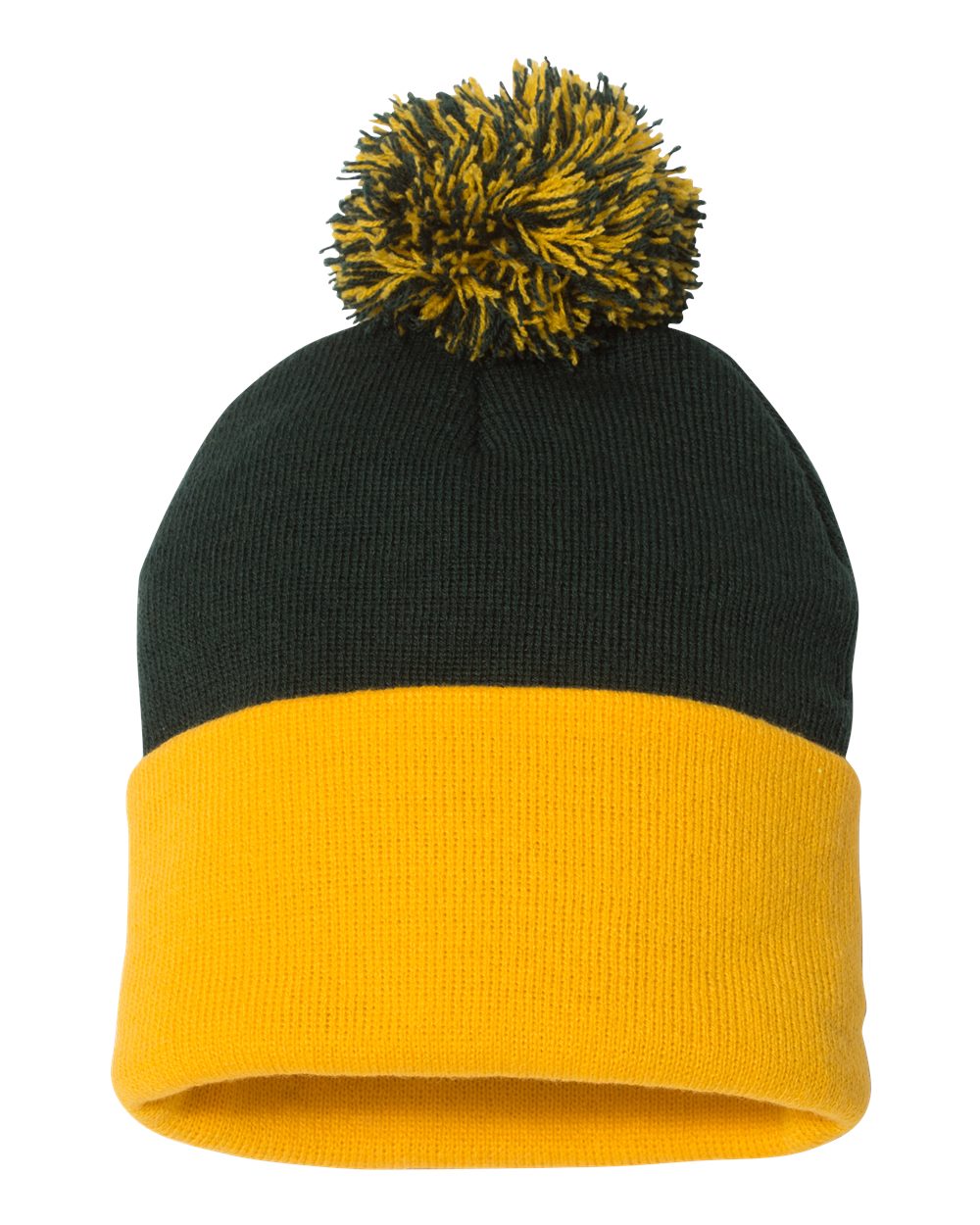 dark green and gold knit pom-pom beanie