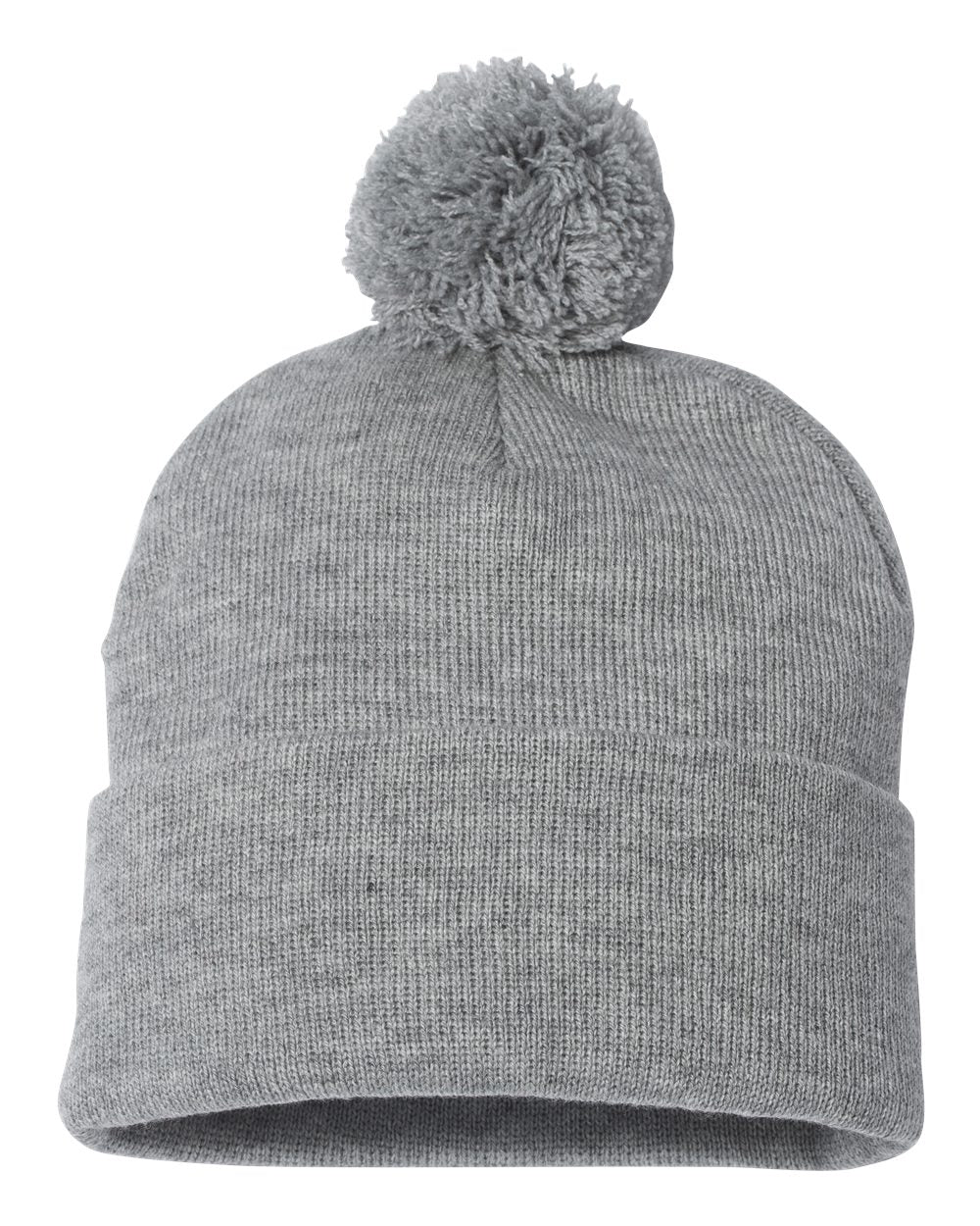 Light heather gray knit pom-pom beanie.