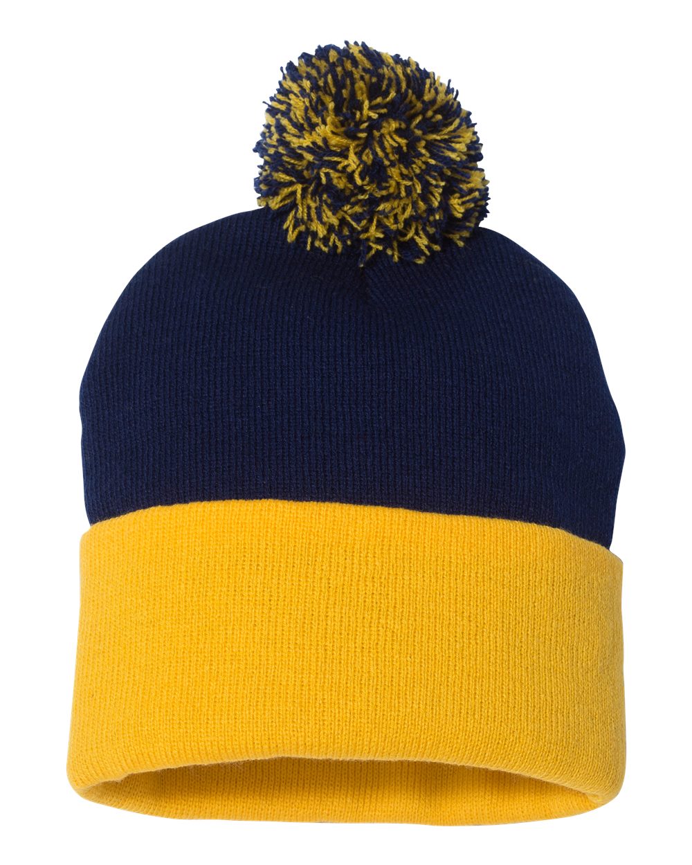 Navy and gold knit pom-pom beanie.