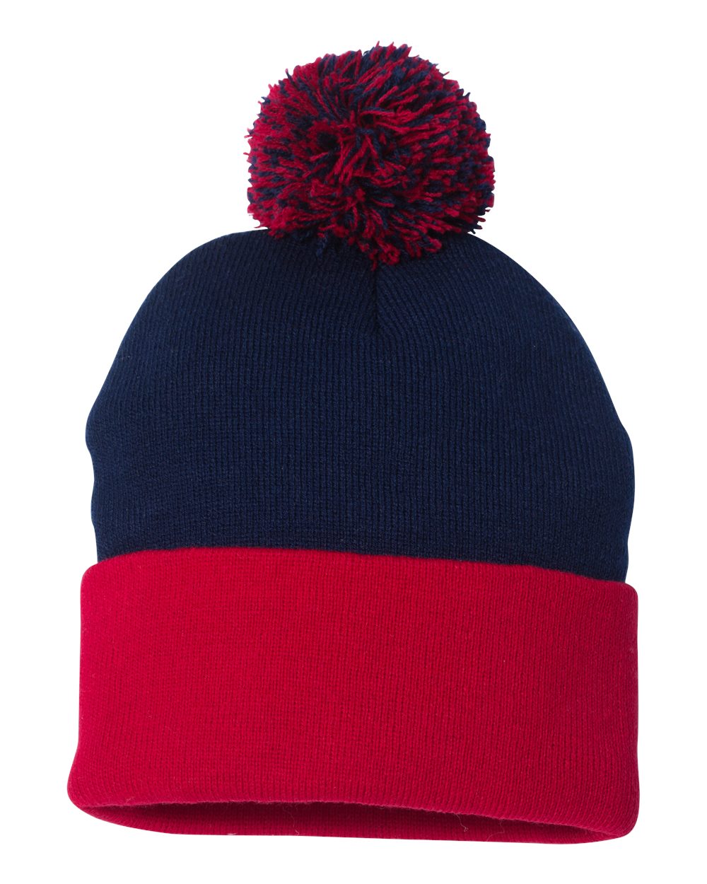 Navy and red knit pom-pom beanie.