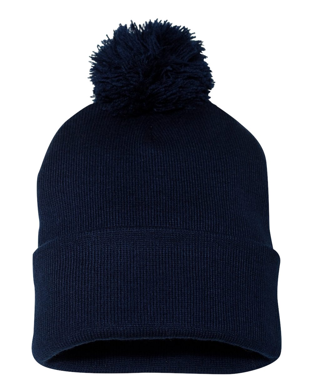 Navy knit pom-pom beanie.