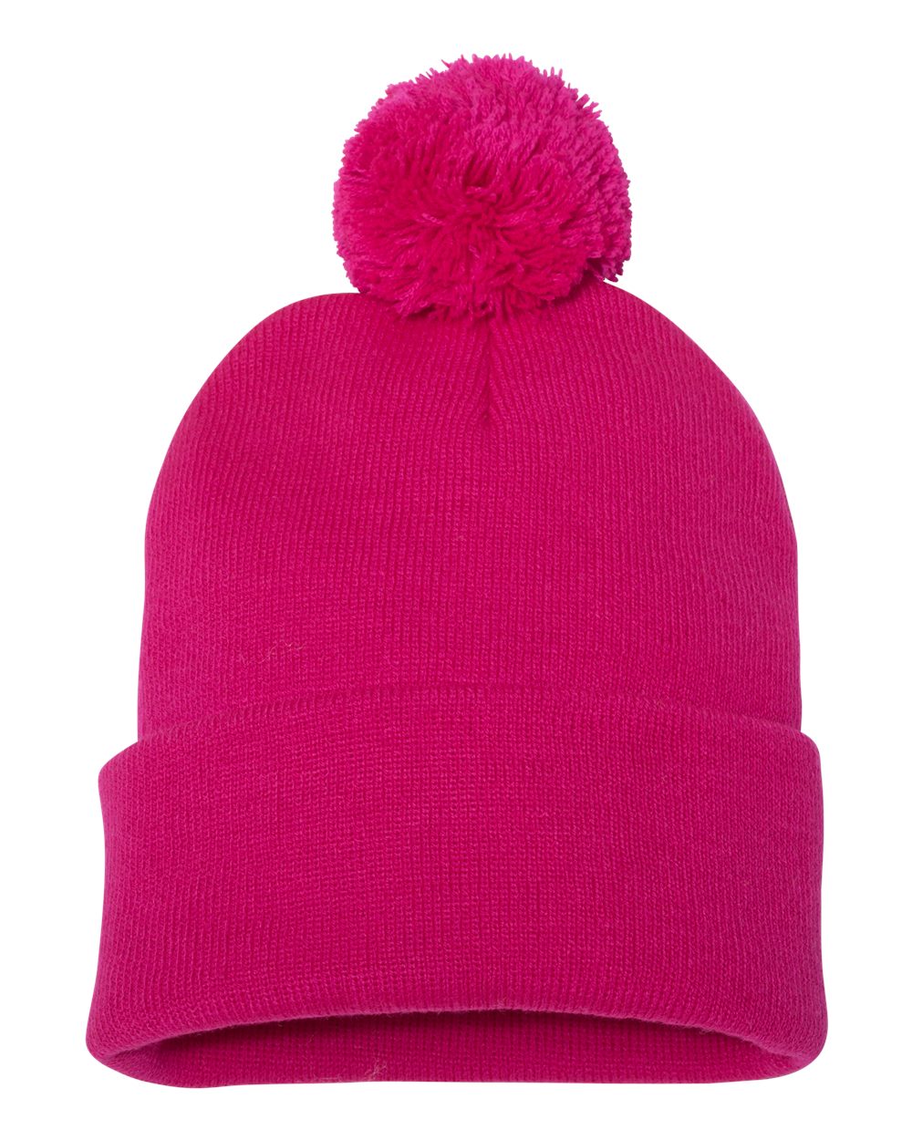 Neon fuchsia knit pom-pom beanie.