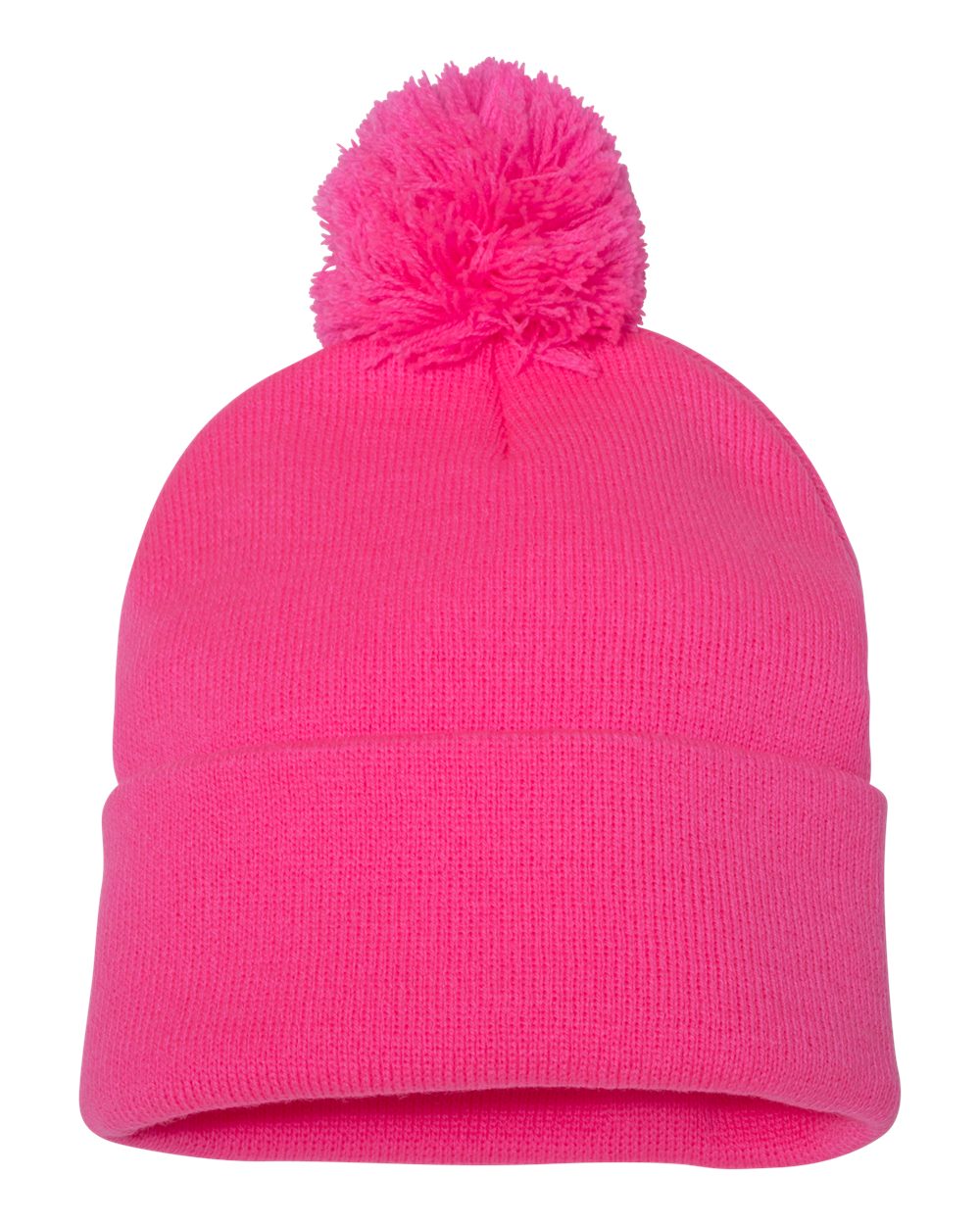Neon pink knit pom-pom beanie.
