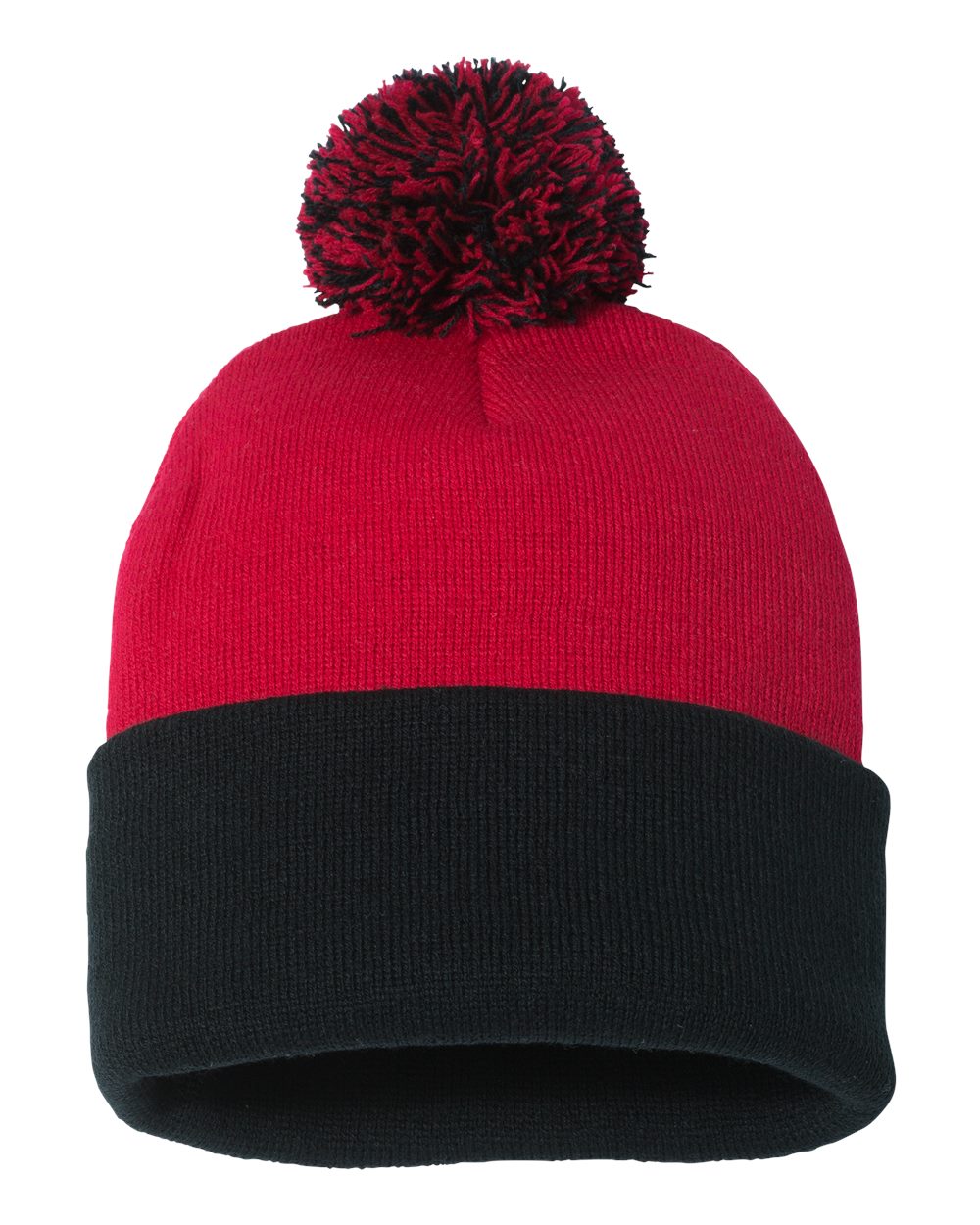 Red and black knit pom-pom beanie.