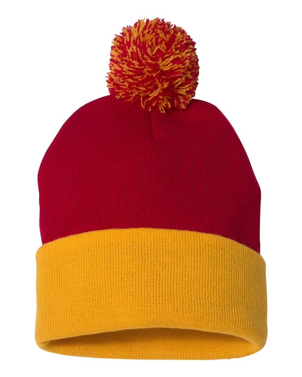 Red and yellow beanie with a pom-pom on a white background