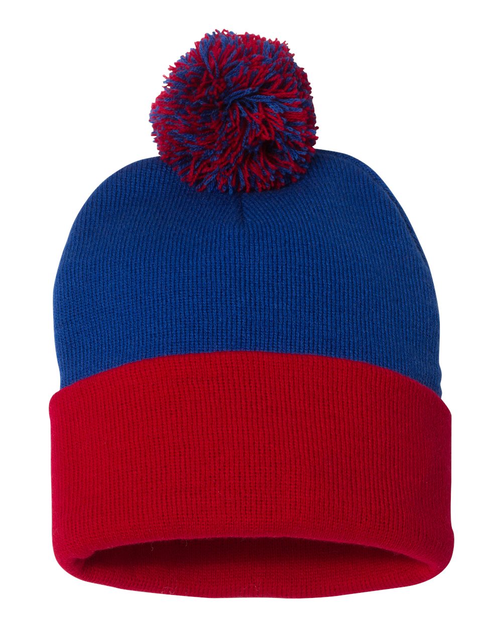 2-toned blue and red knit pom-pom beanie.