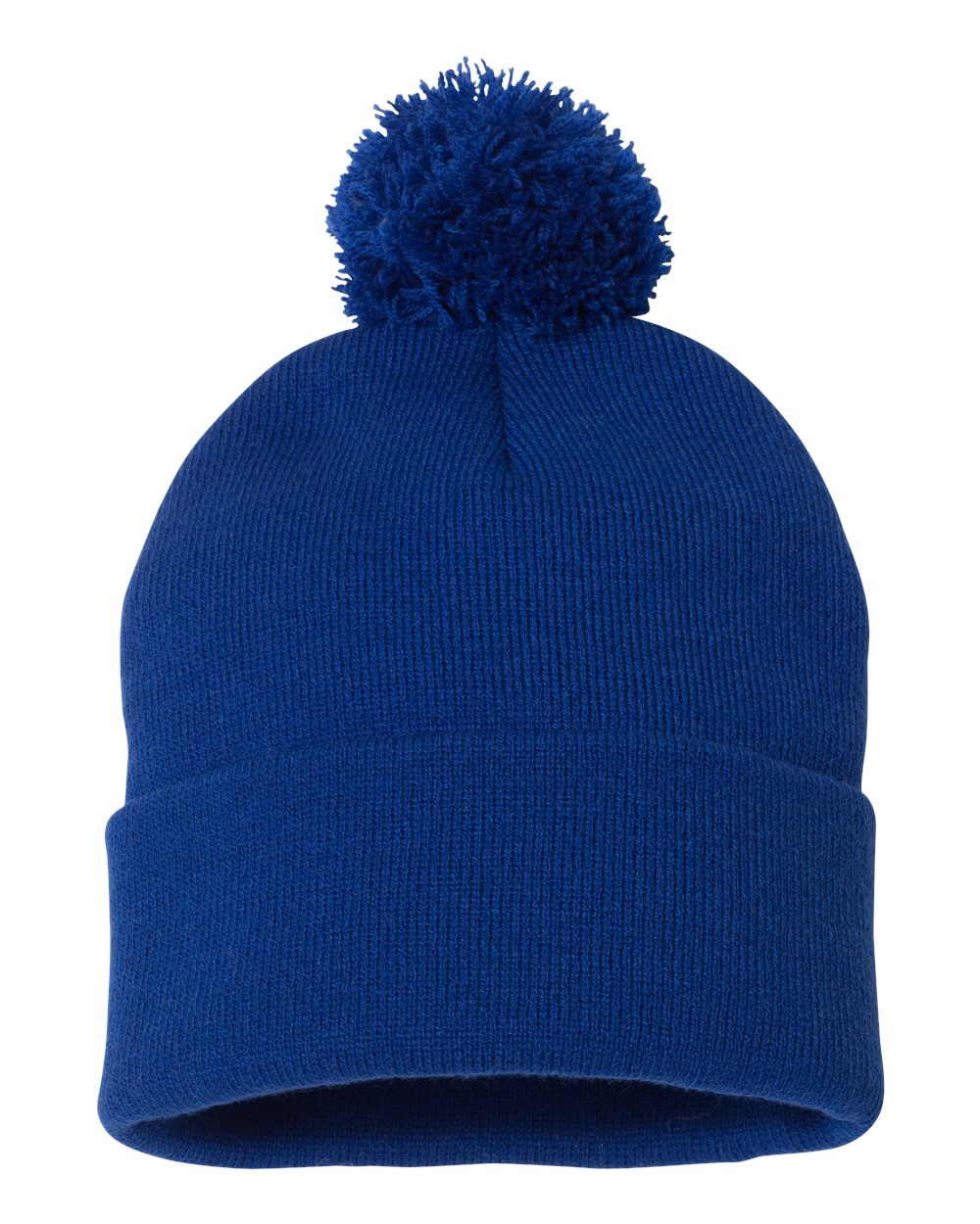 Royal blue knit pom-pom beanie.