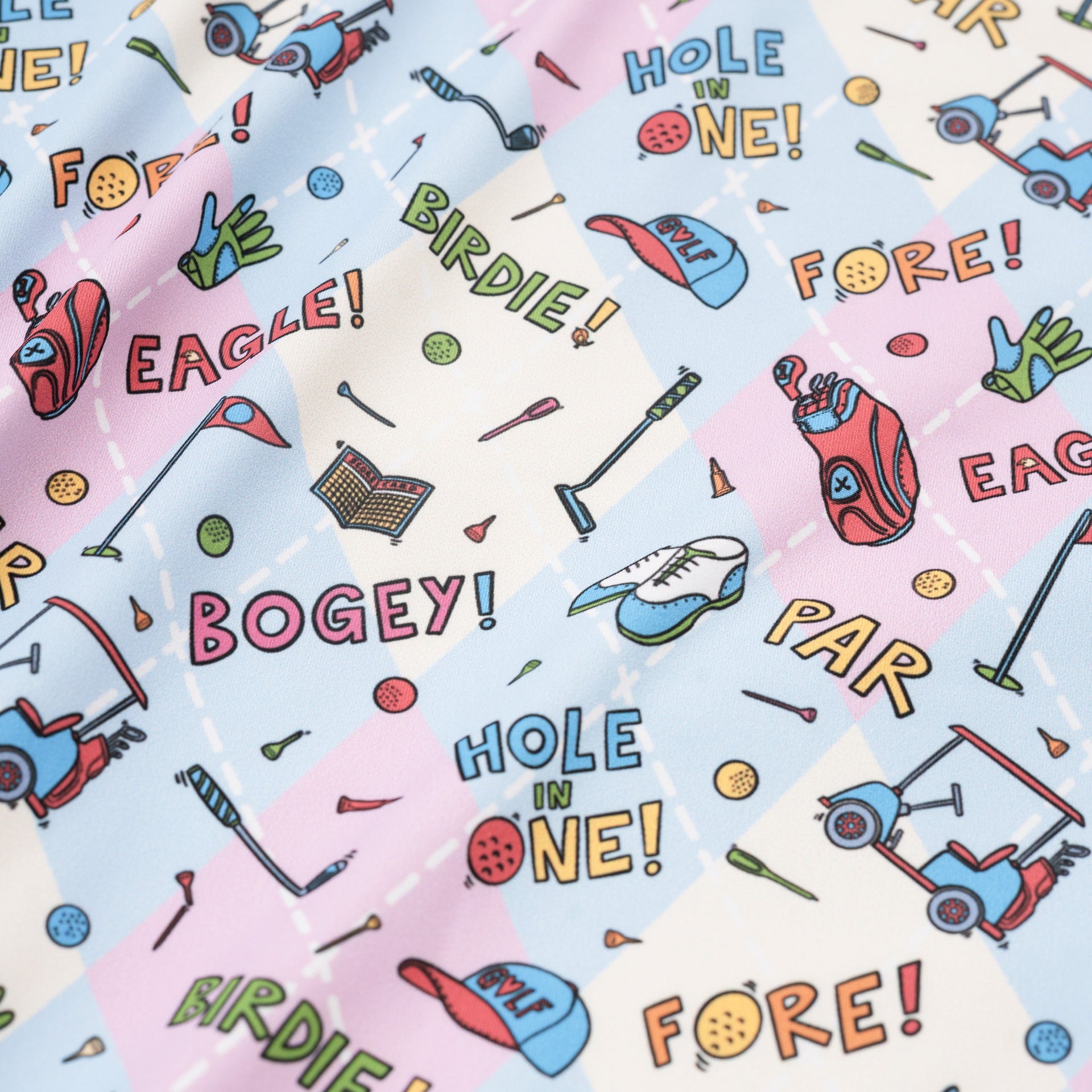 Colorful golf-themed stickers with words like 'Hole in One!', 'Birdie!', and 'Fore!' on a patterned background.