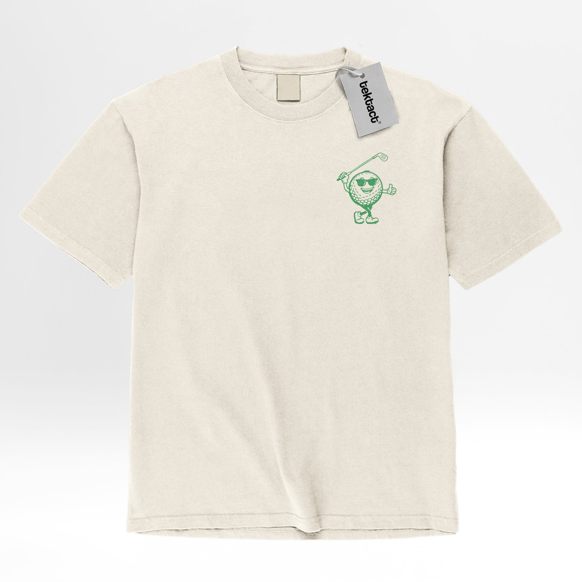 Beige t-shirt with green graphic on left chest.