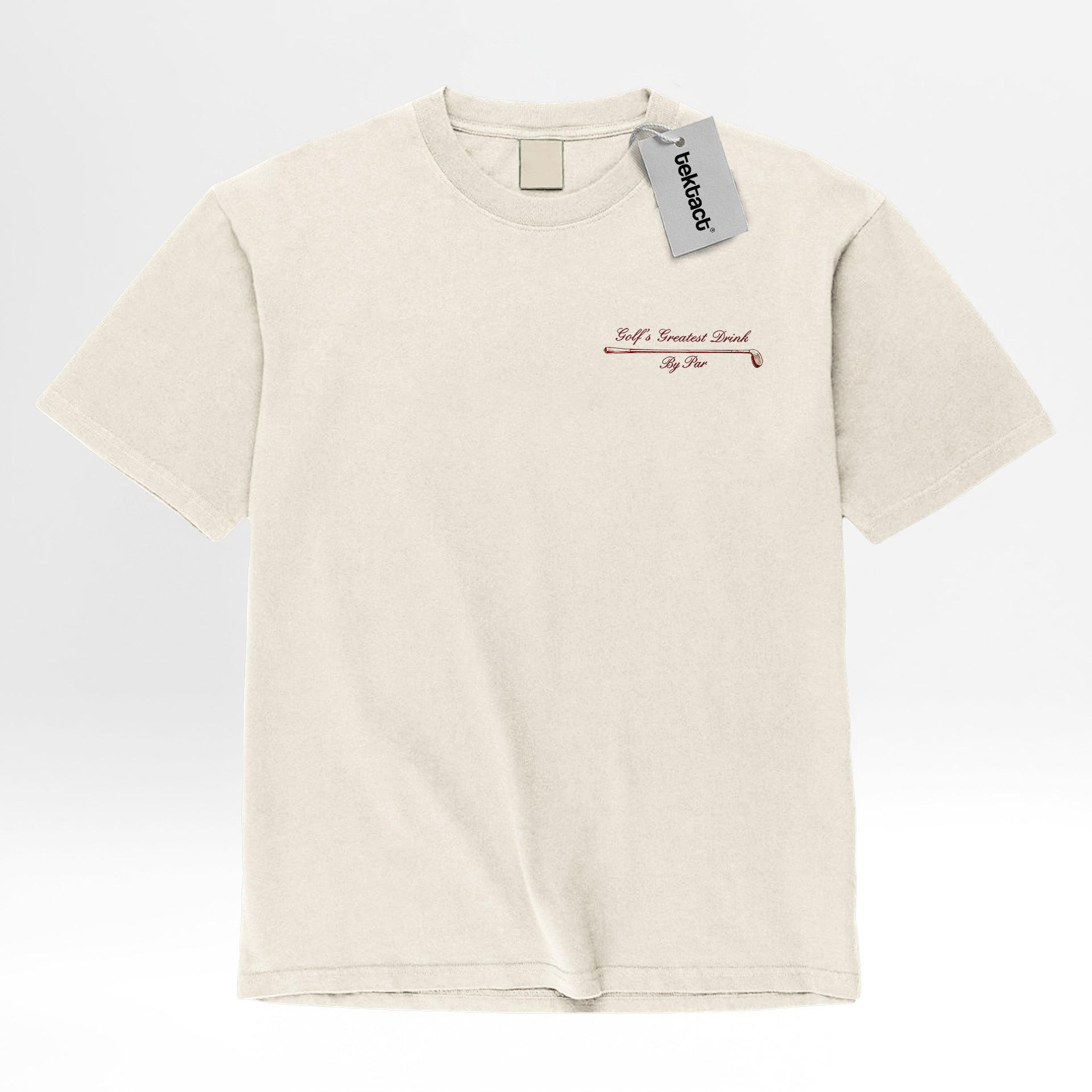 Beige t-shirt with a small text 'Golf's Greatest Drink By Par'.