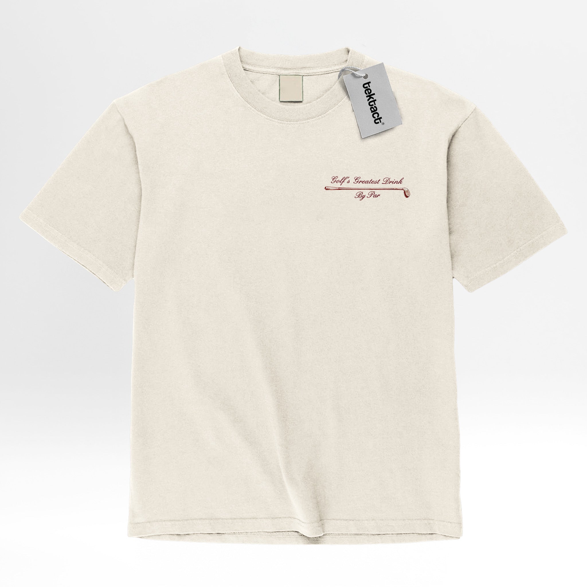 Beige t-shirt with a small text 'Golf's Greatest Drink By Par'.
