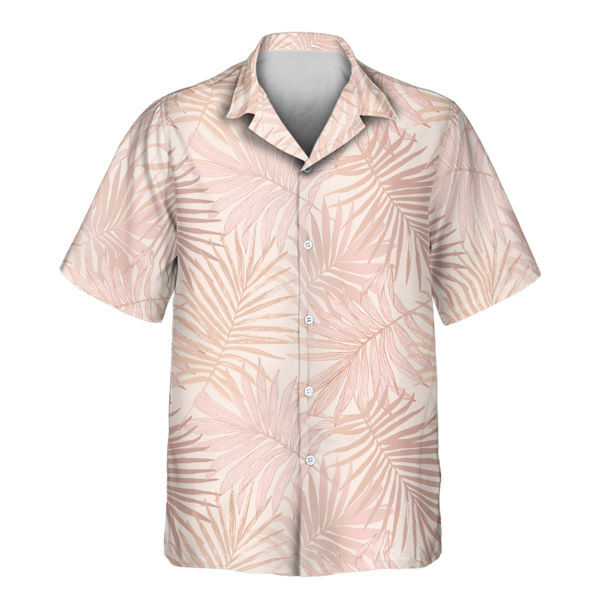 Blush Tropics custom Aloha shirts with logos featuring oversized tropical leaves in soft blush, cream, and beige tones for a refined island look.