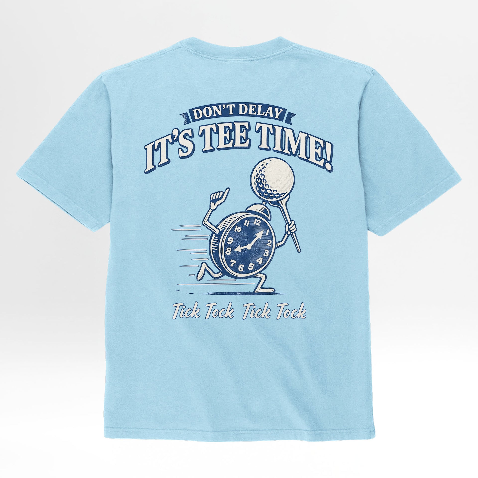 Light blue t-shirt with a golf-themed design and text on the back.