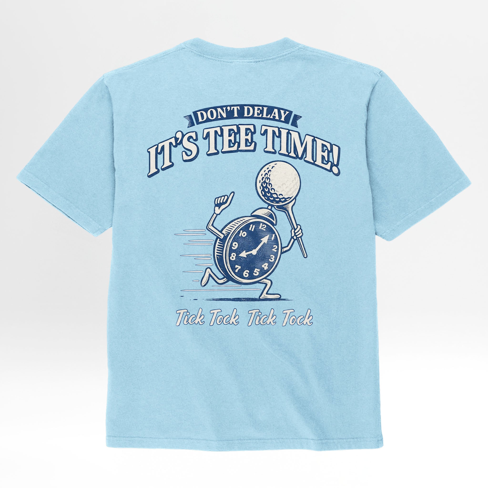 Light blue t-shirt with a golf-themed design and text on the back.