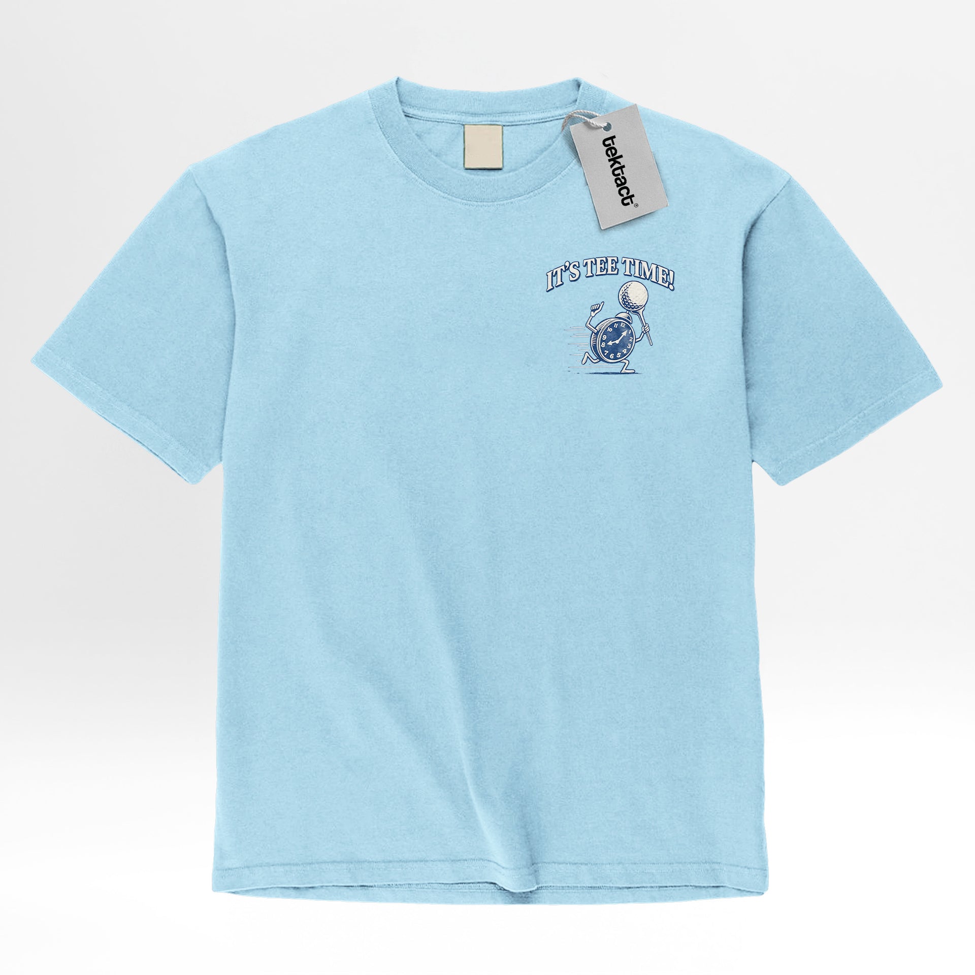 Light blue t-shirt with a golf-themed design and text on the left chest.