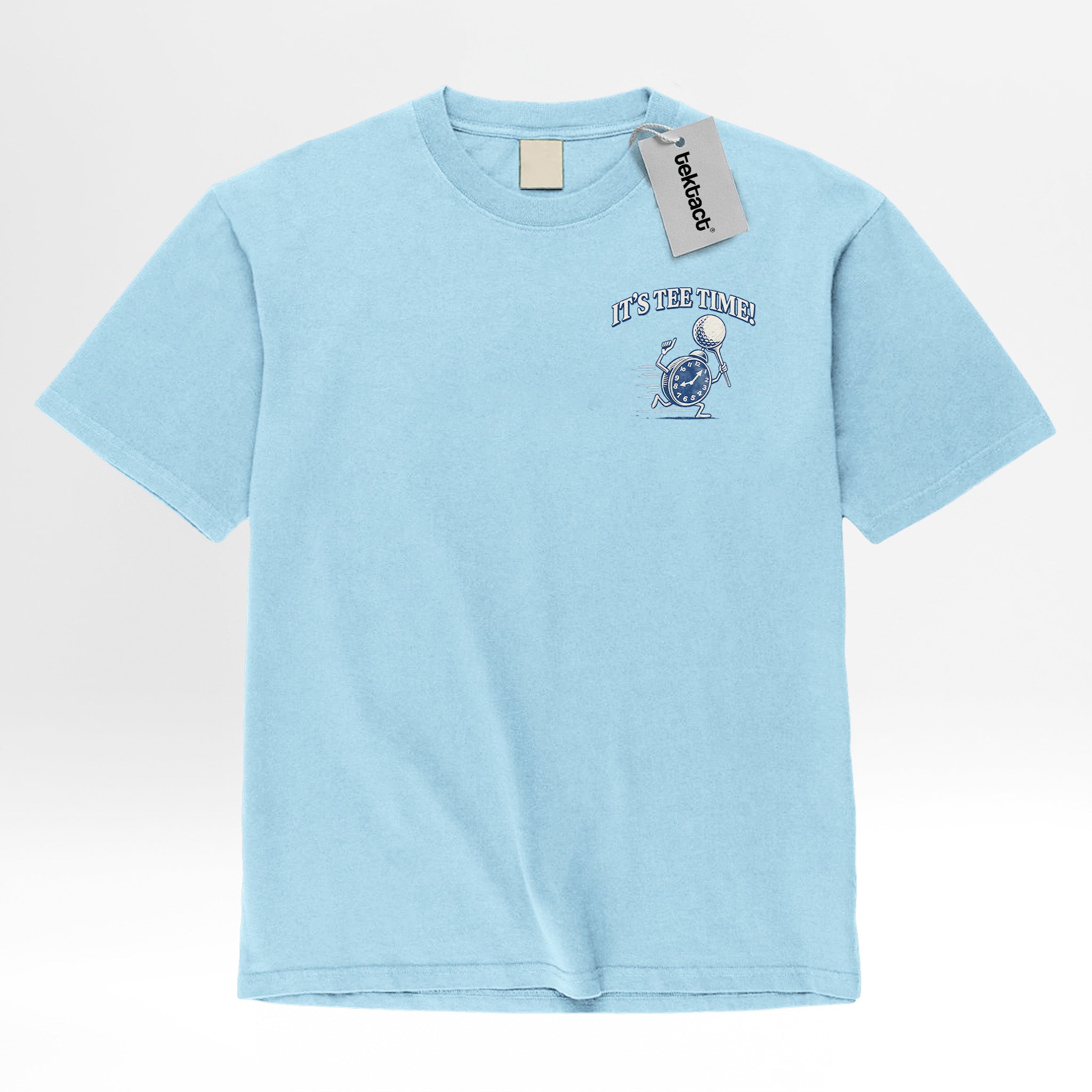 Light blue t-shirt with a golf-themed design and text on the left chest.