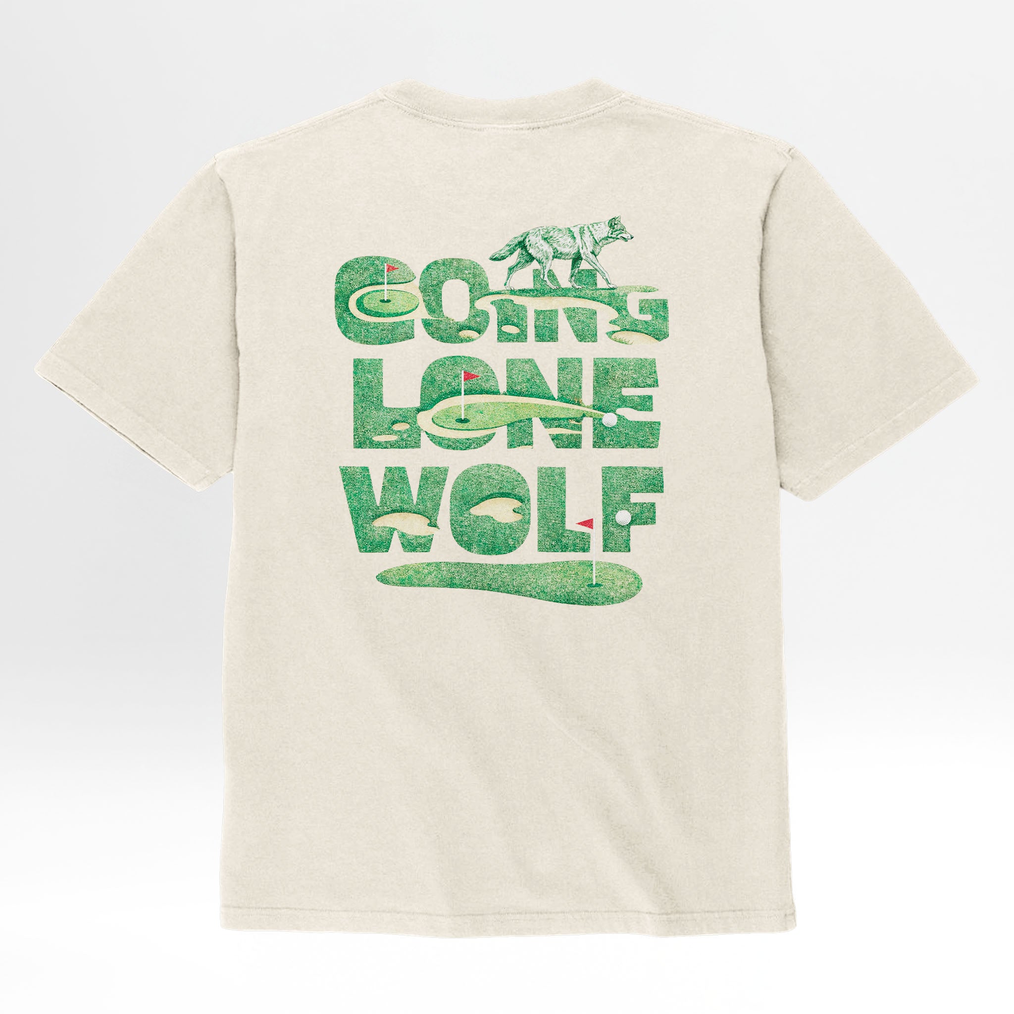 Beige t-shirt with green graphic design on the back featuring text 'Going Lone Wolf'
