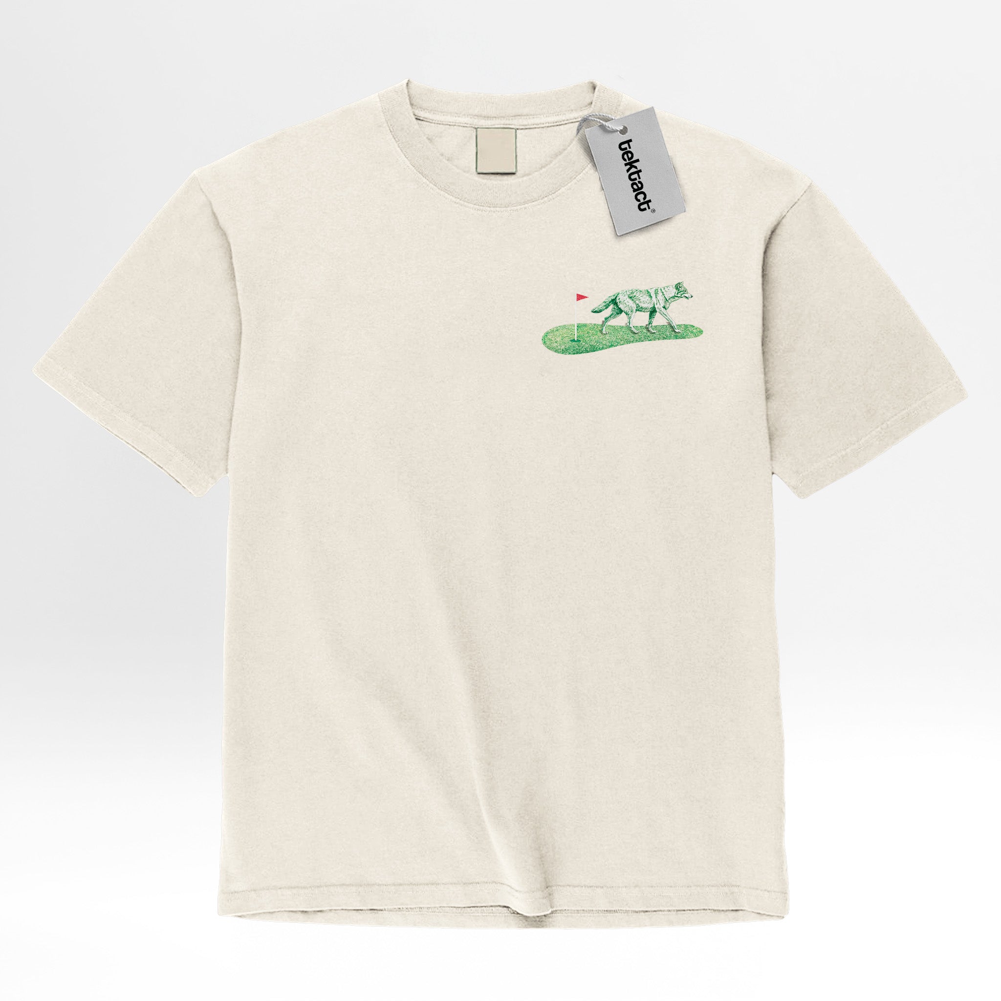 Beige t-shirt with green graphic design on the back featuring text 'Going Lone Wolf'
