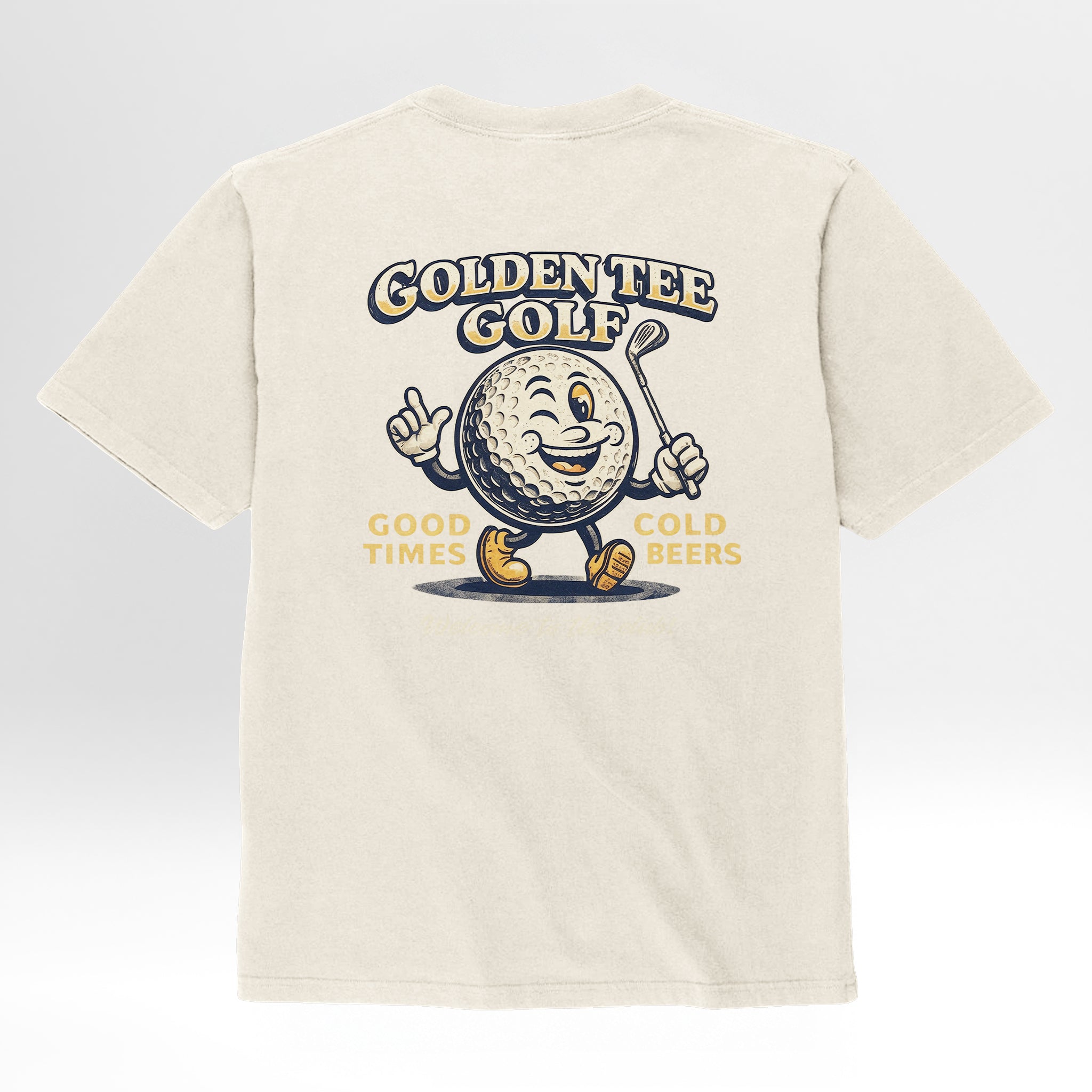 Beige t-shirt with a cartoon character and text 'Golden Tee Golf Good Times Cold Beers Welcome To The Club'