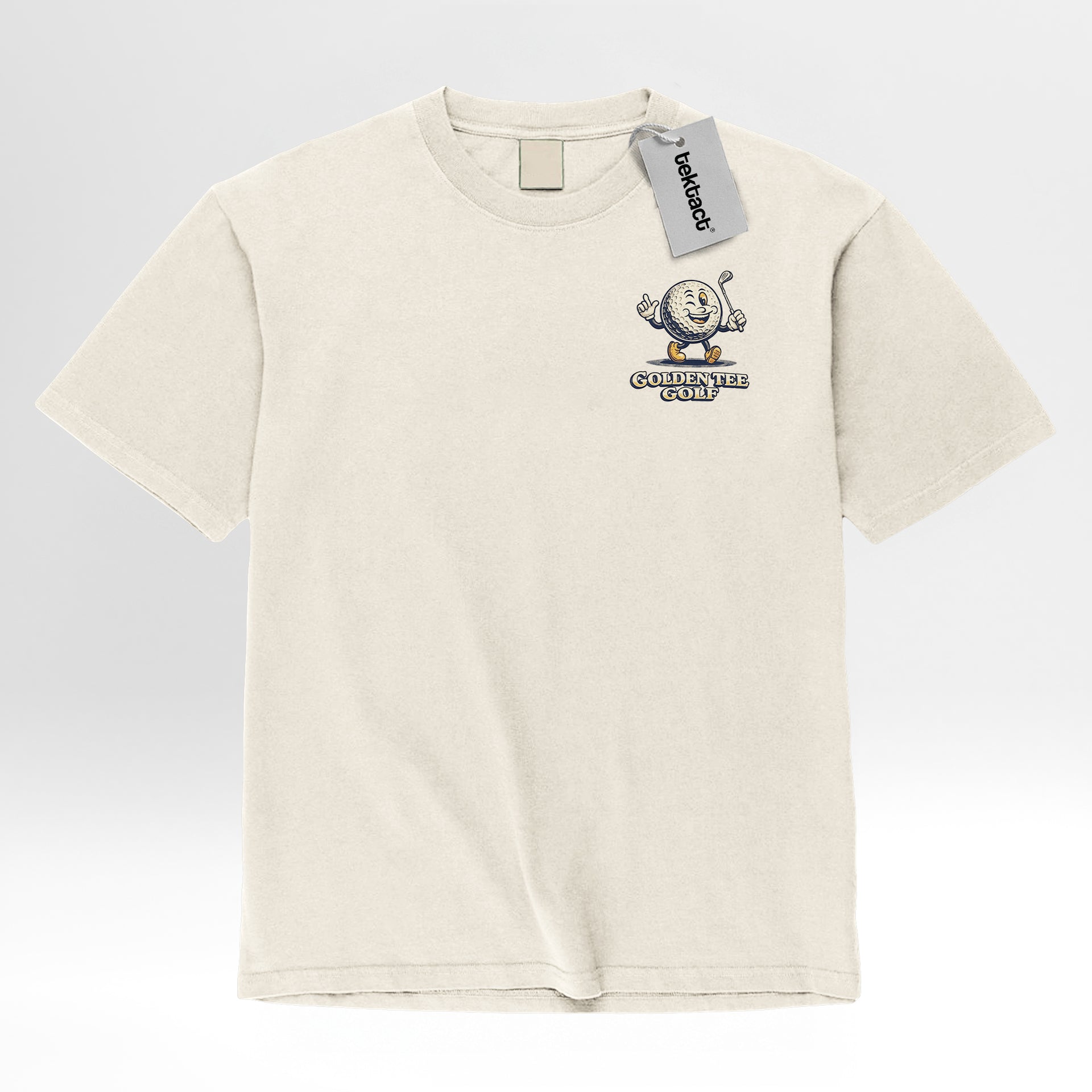 Beige t-shirt with a cartoon character and text 'Golden Tee Golf Good Times Cold Beers Welcome To The Club'
