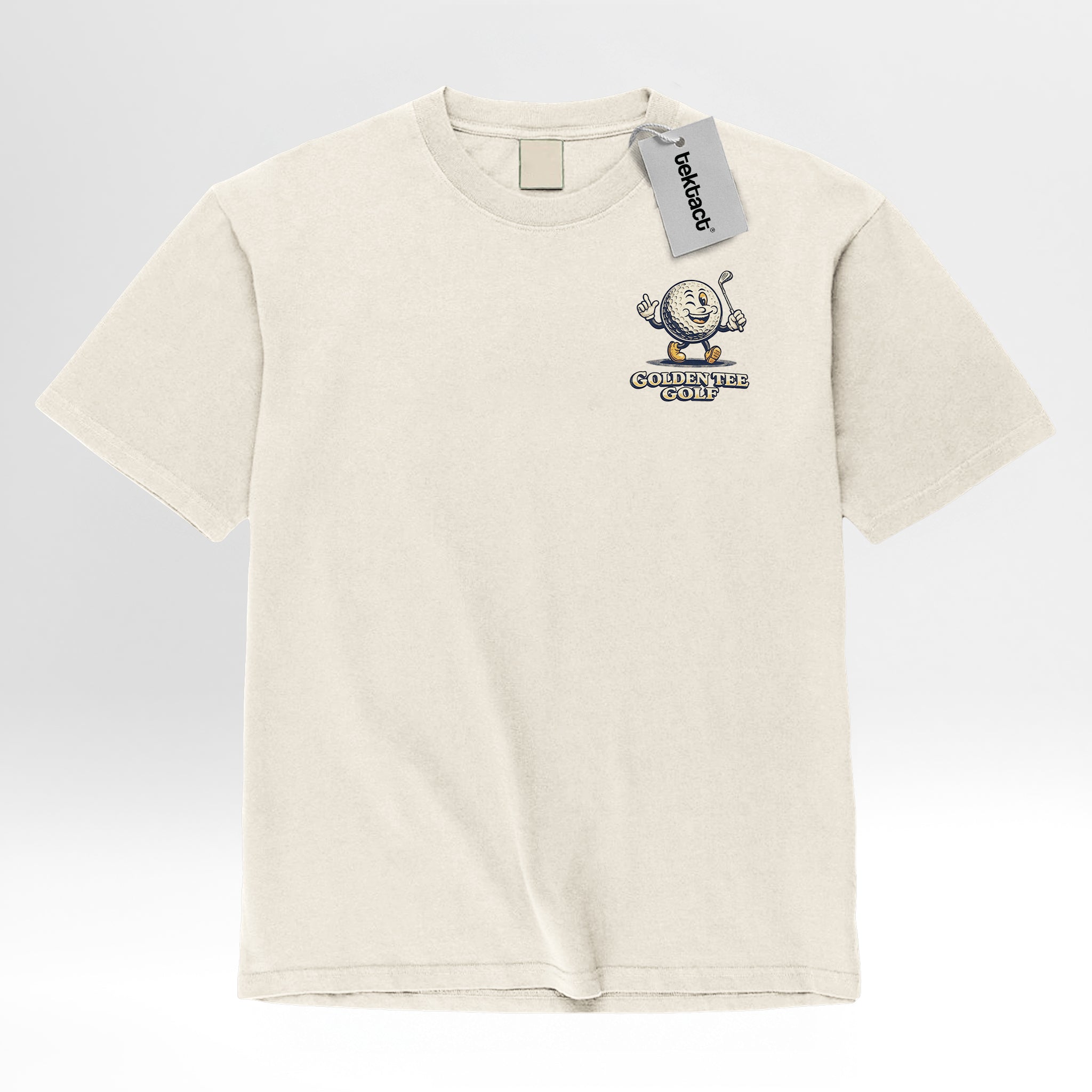 Beige t-shirt with a cartoon character and text 'Golden Tee Golf Good Times Cold Beers Welcome To The Club'