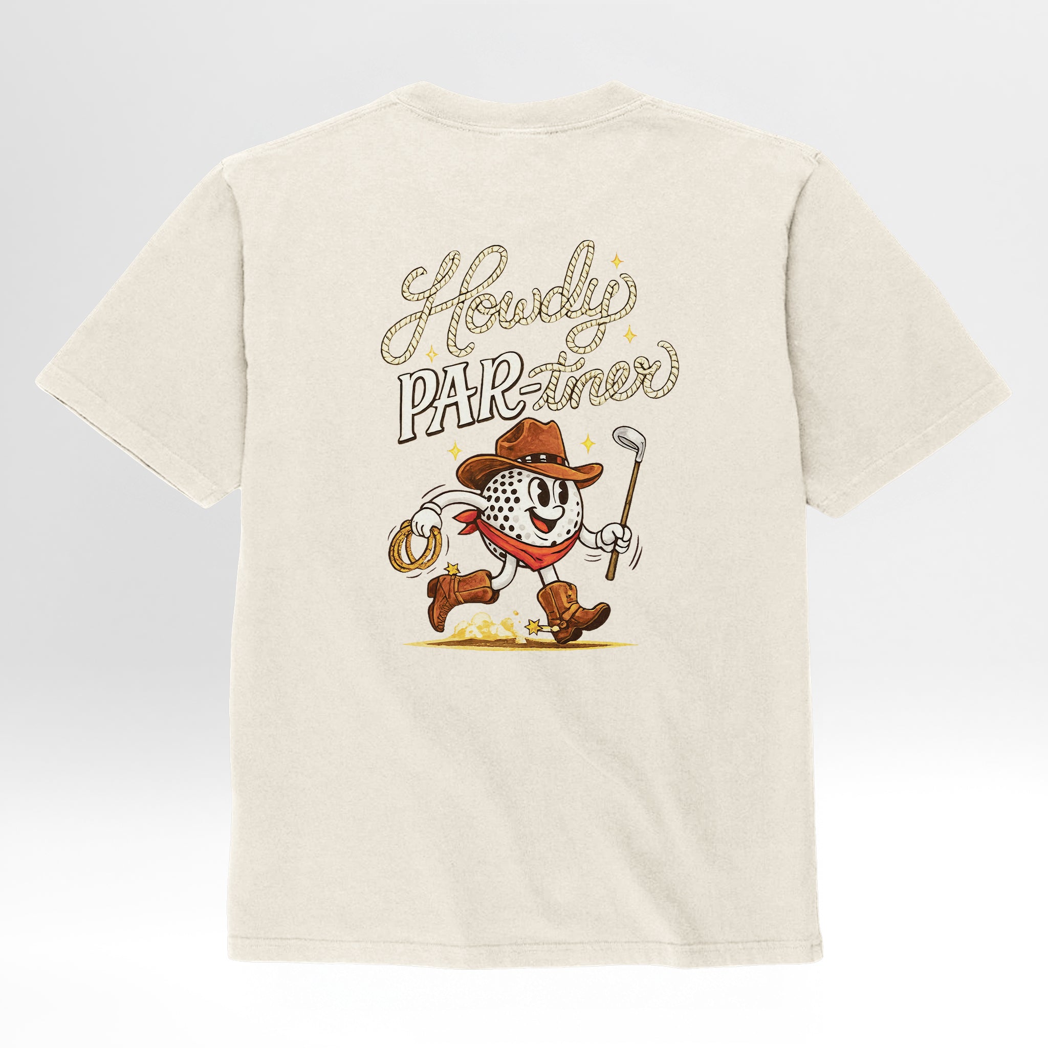 Beige t-shirt with a cartoon character and 'Howdy Par-tiner' text 
