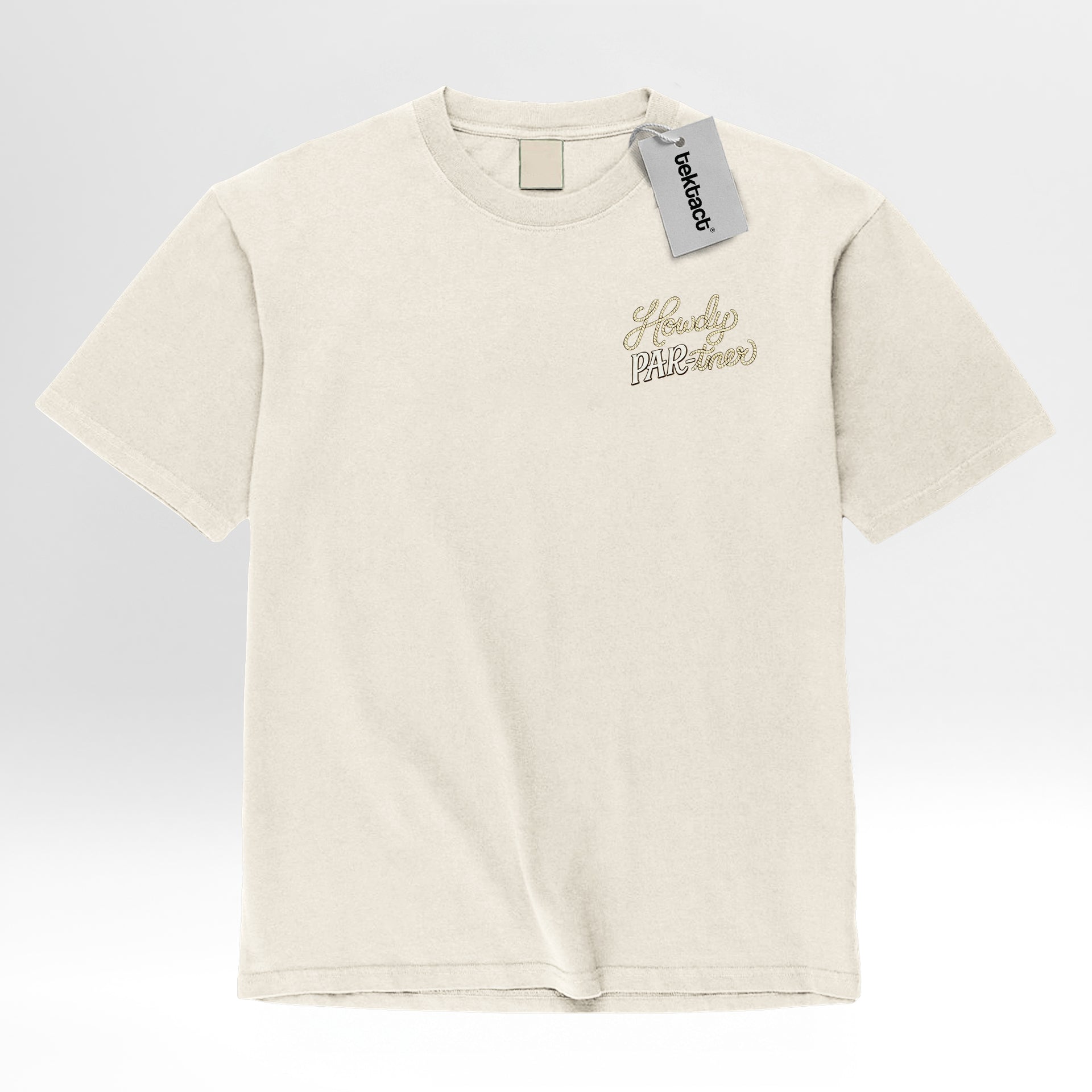 Beige t-shirt with a cartoon character and 'Howdy Par-tiner' text 