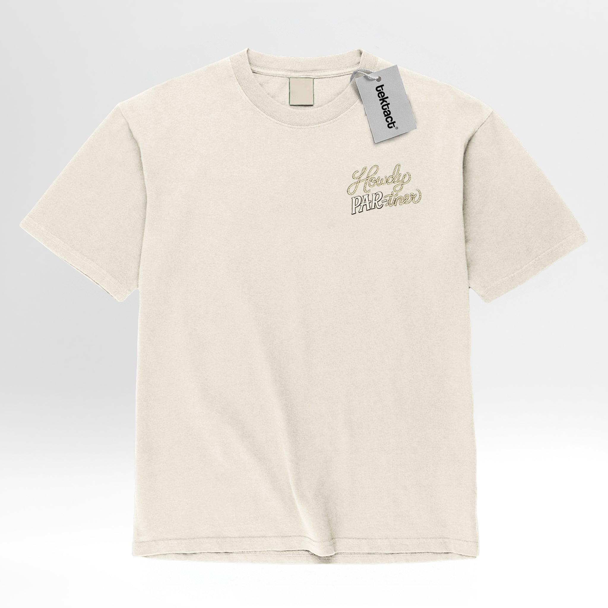 Beige t-shirt with a cartoon character and 'Howdy Par-tiner' text 