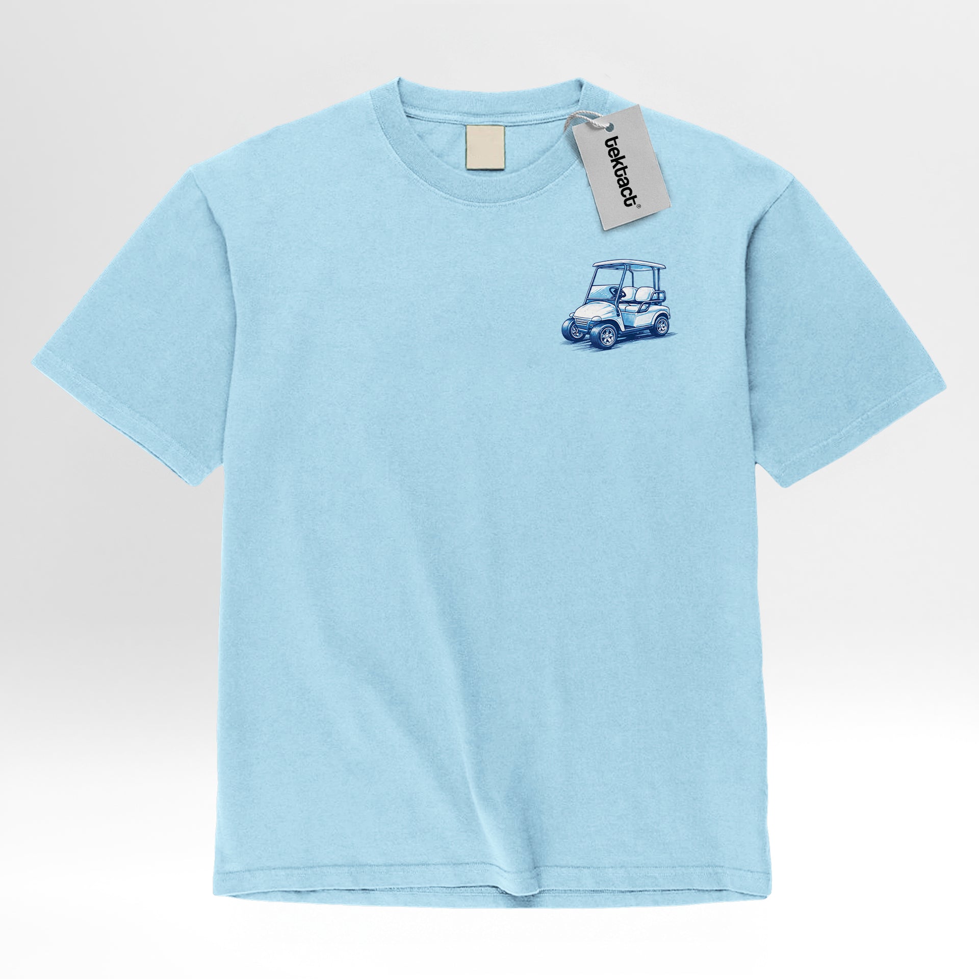 Light blue t-shirt with a graphic of a golf cart and text 'HOW'S MY RIDE?' 