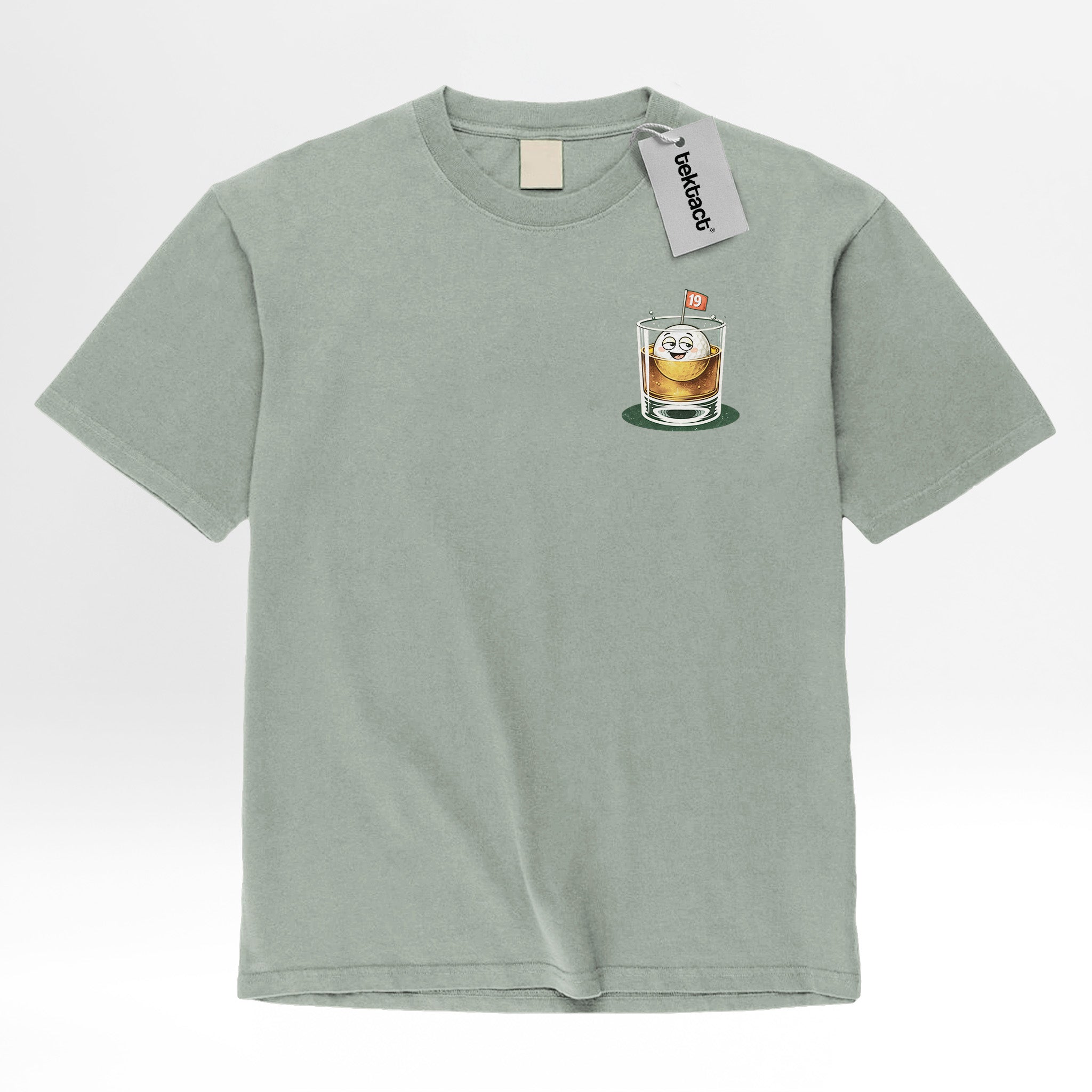 Green t-shirt with a graphic of a glass of alcohol with a smiling emoji and text 'It's in the drink' 