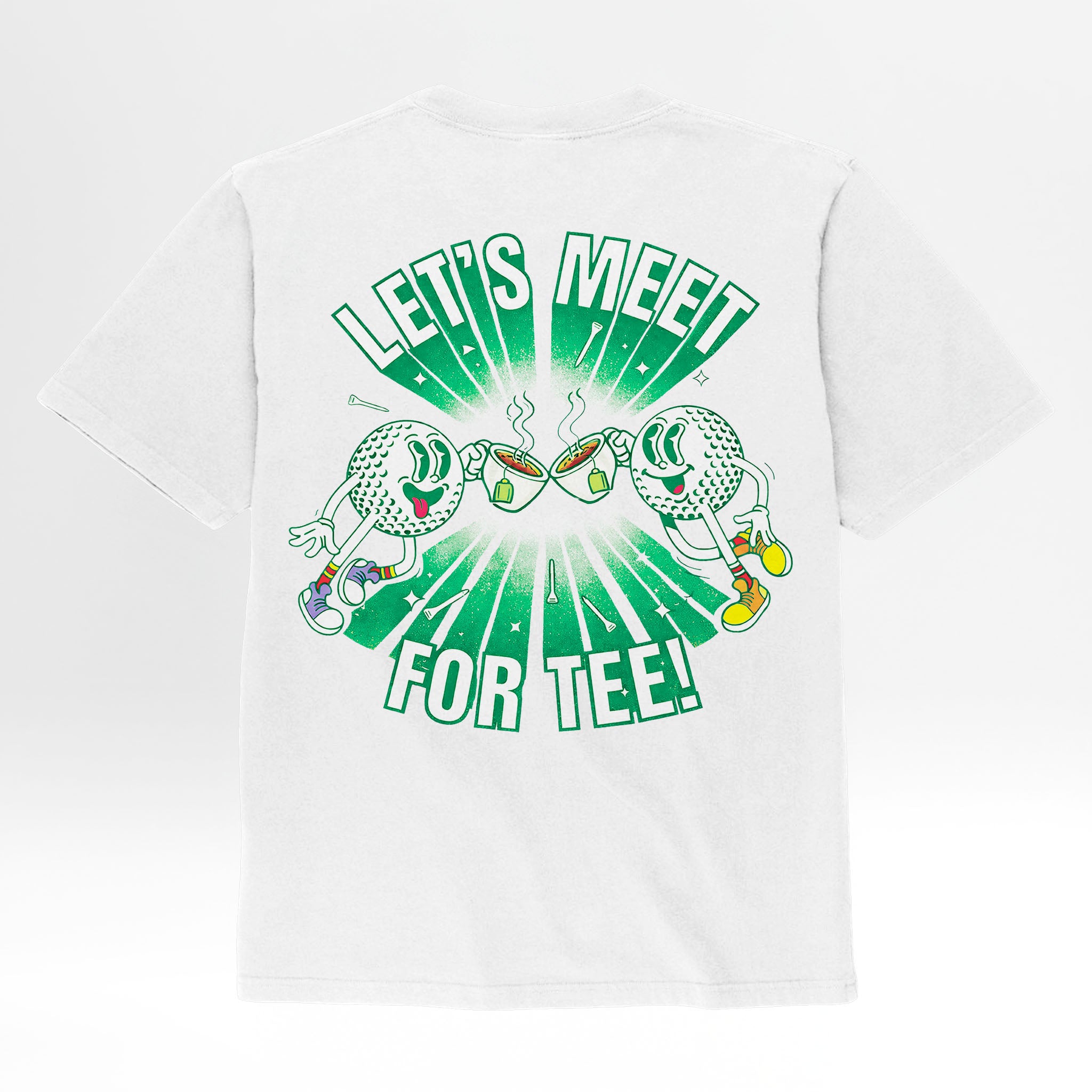 White t-shirt with green graphic design featuring golf balls and text 'Let's Meet For Tee'
