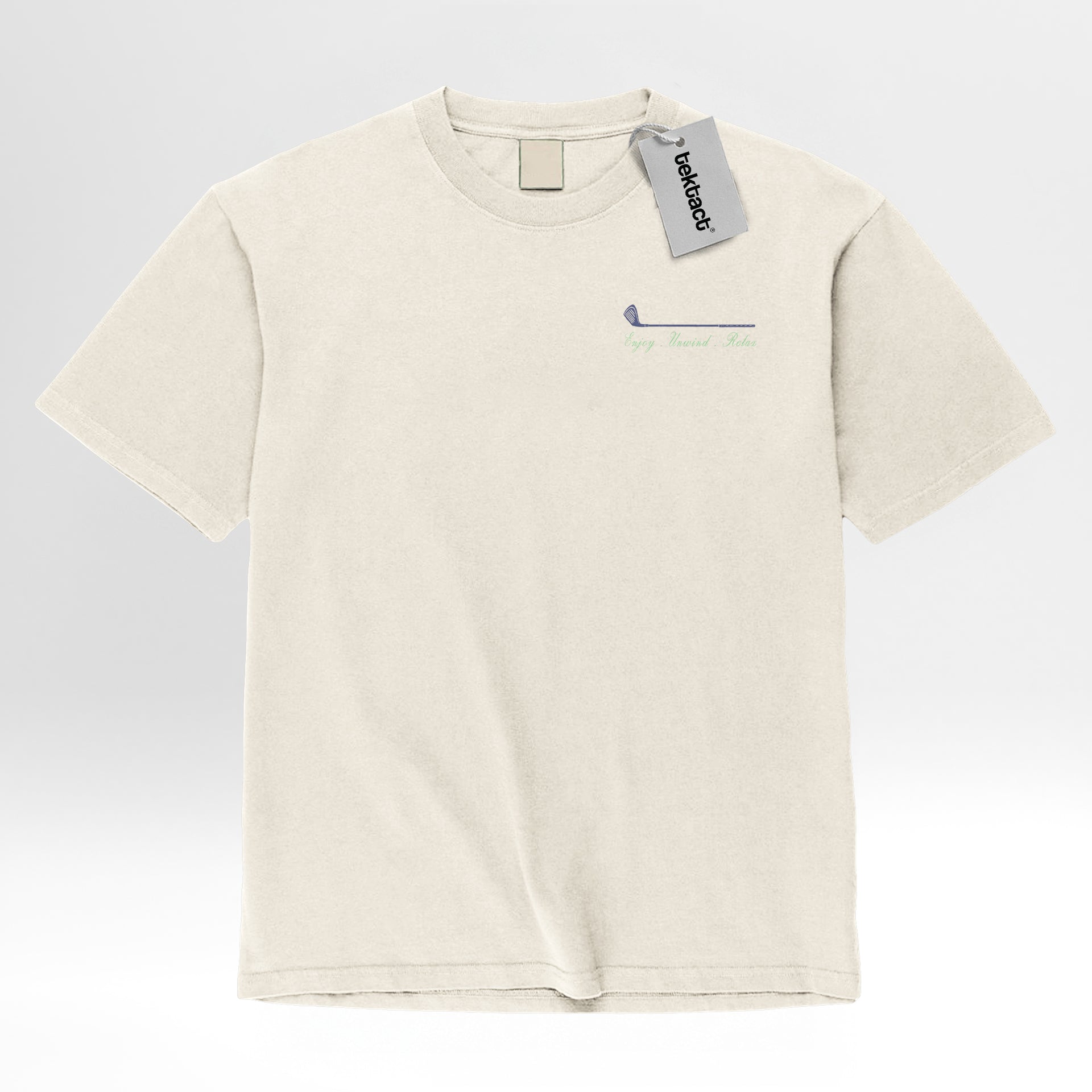 Beige t-shirt with green text 'Live Fast Drive Hard'.